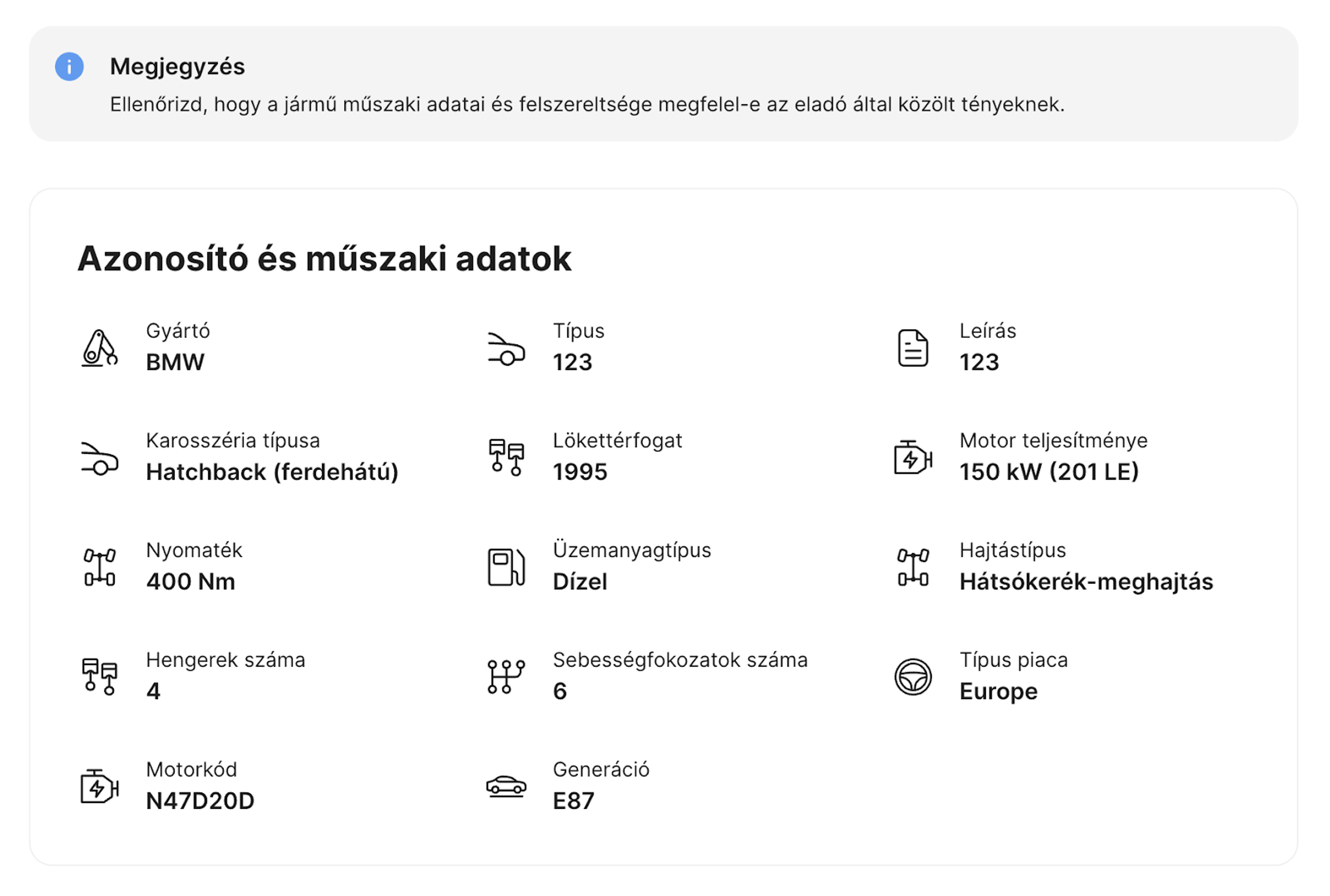 Egy autó részletes gyári műszaki adatai