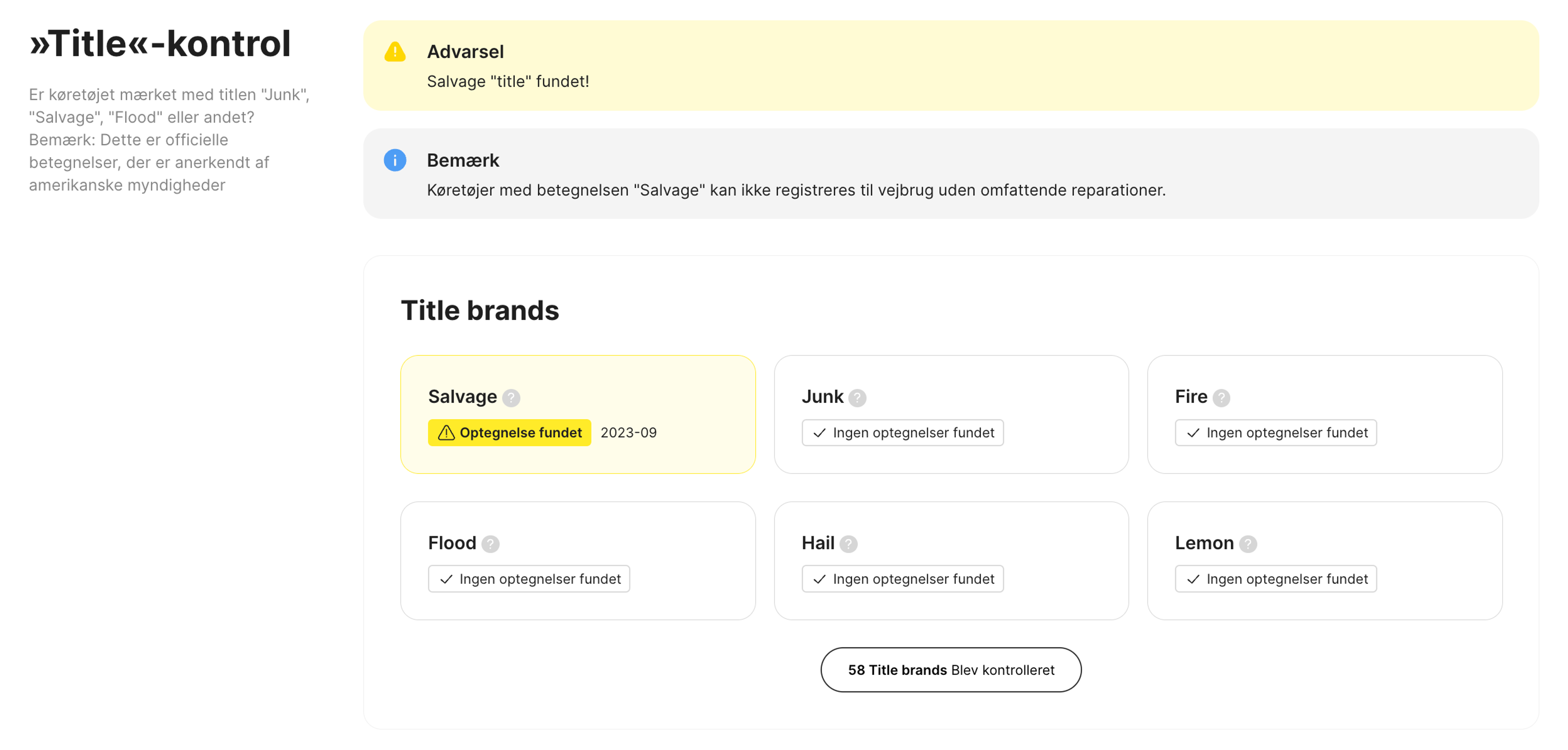 bjærgningstitel fundet i en carVertical-rapport