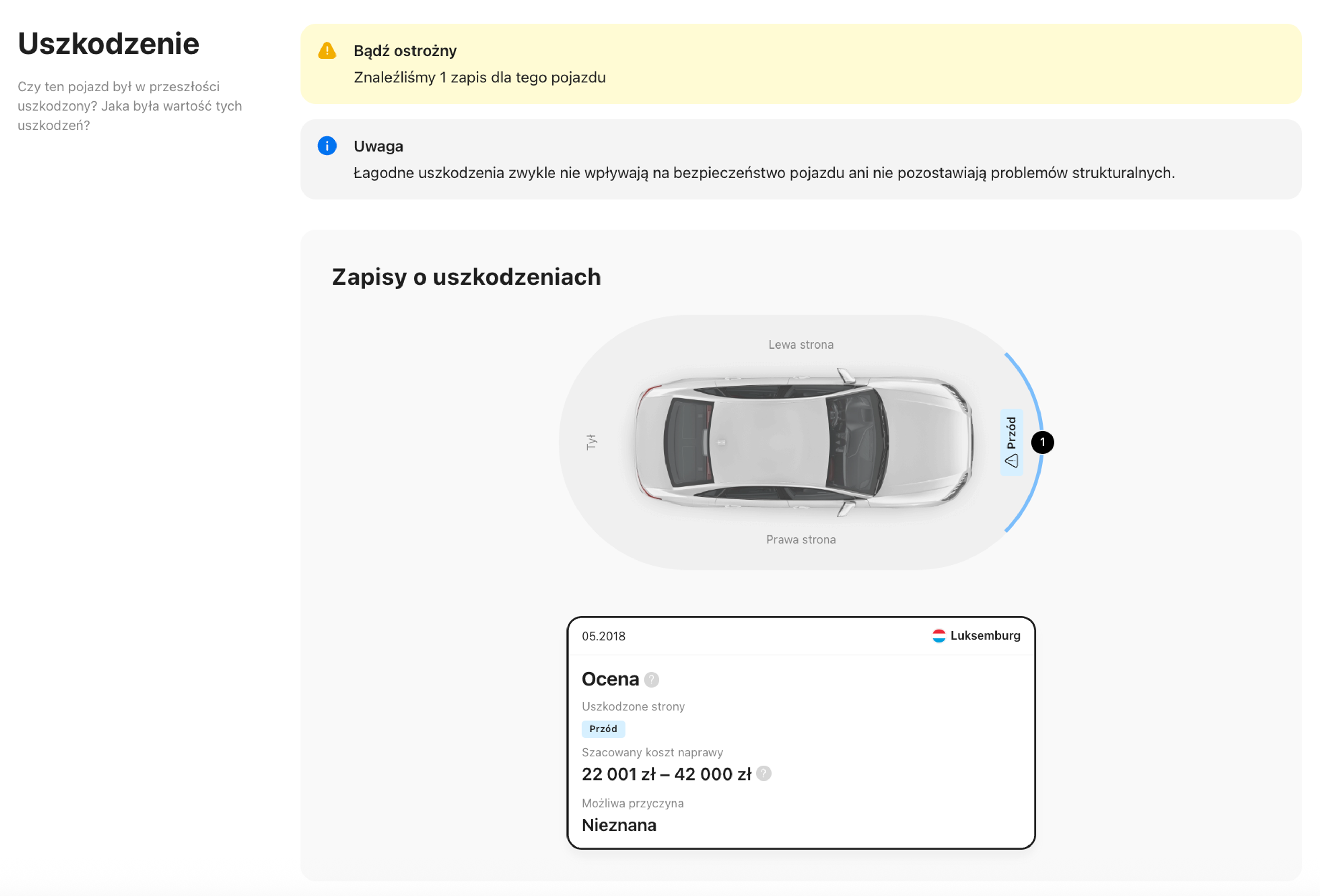 sekcja uszkodzeń w raporcie carVertical