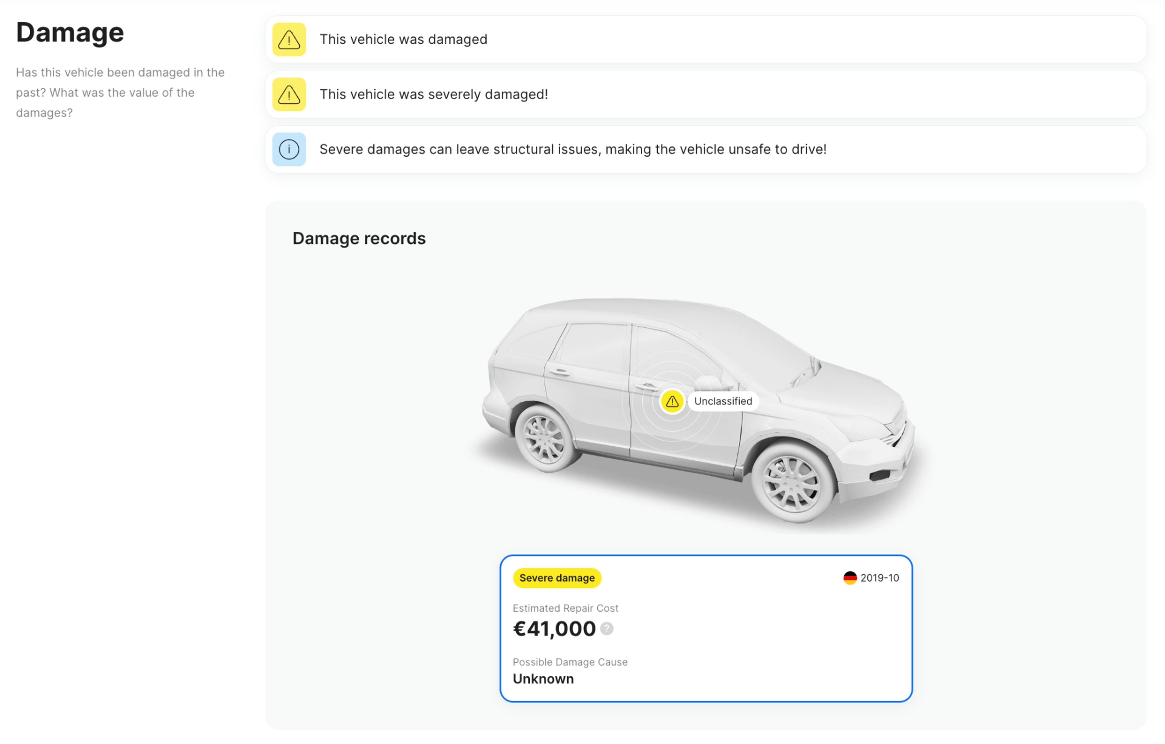 Volkswagen damage records in carVertical report