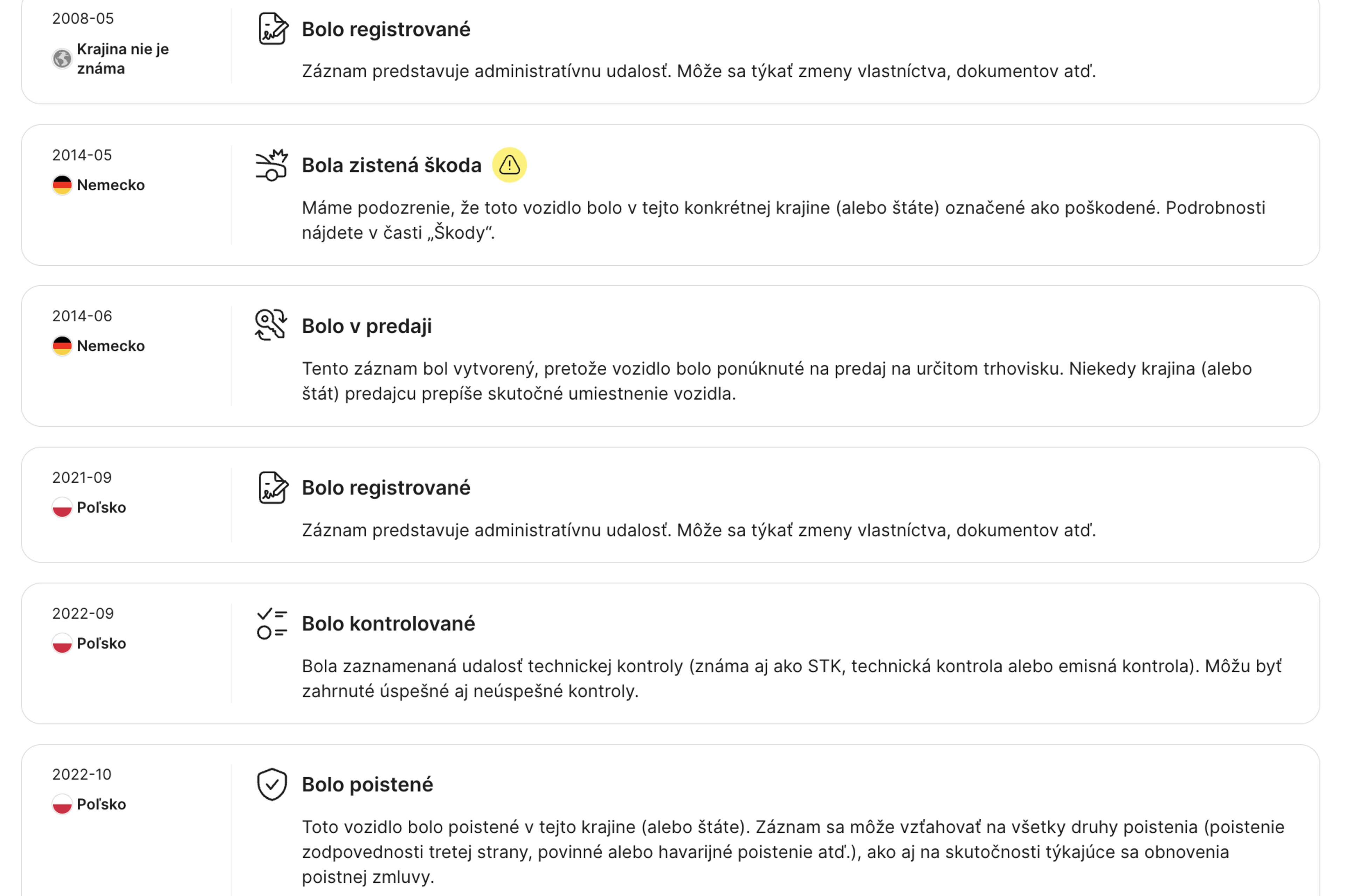 záznamy nájdené v sekcii časovej osi správy carVertical