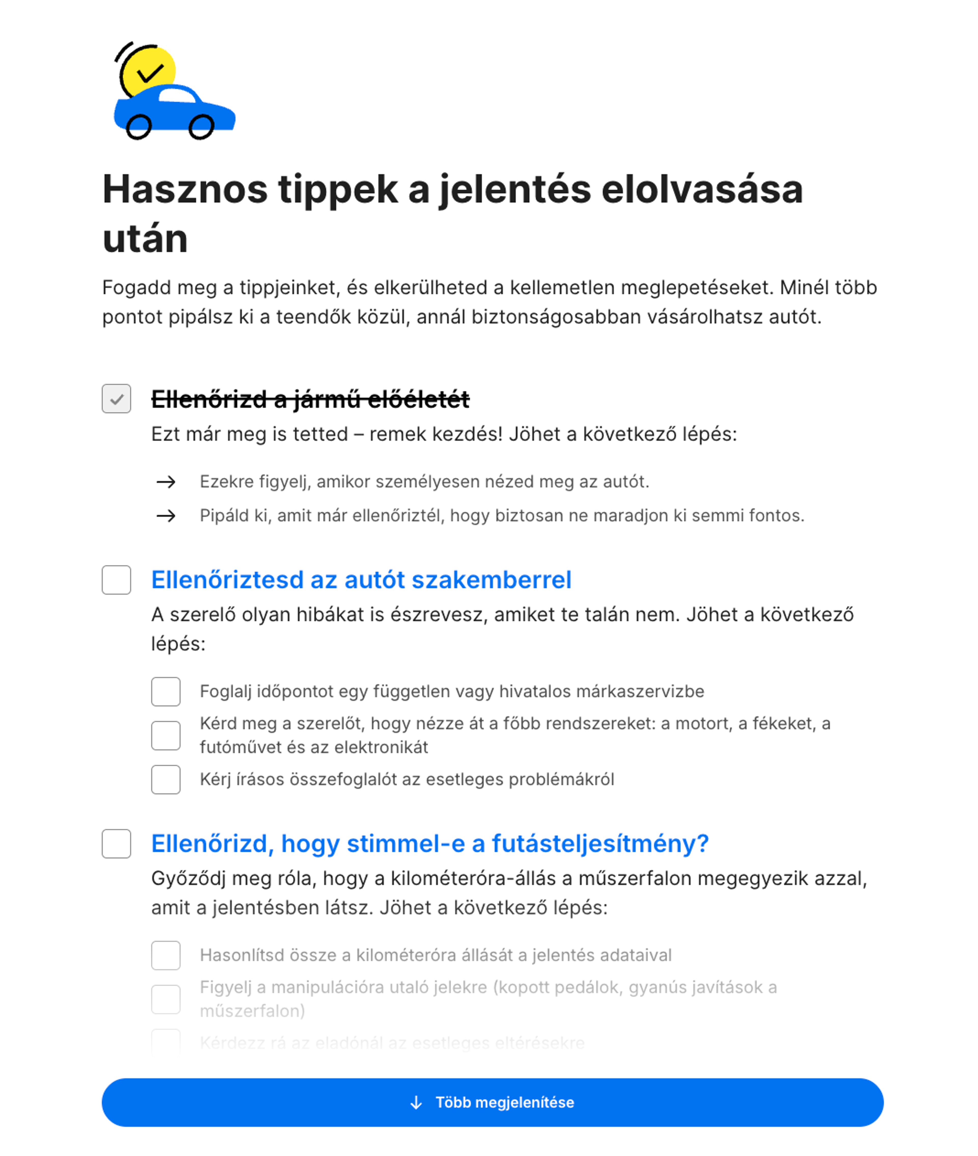 „Következő lépés?” ellenőrzőlista a carVertical jelentésben