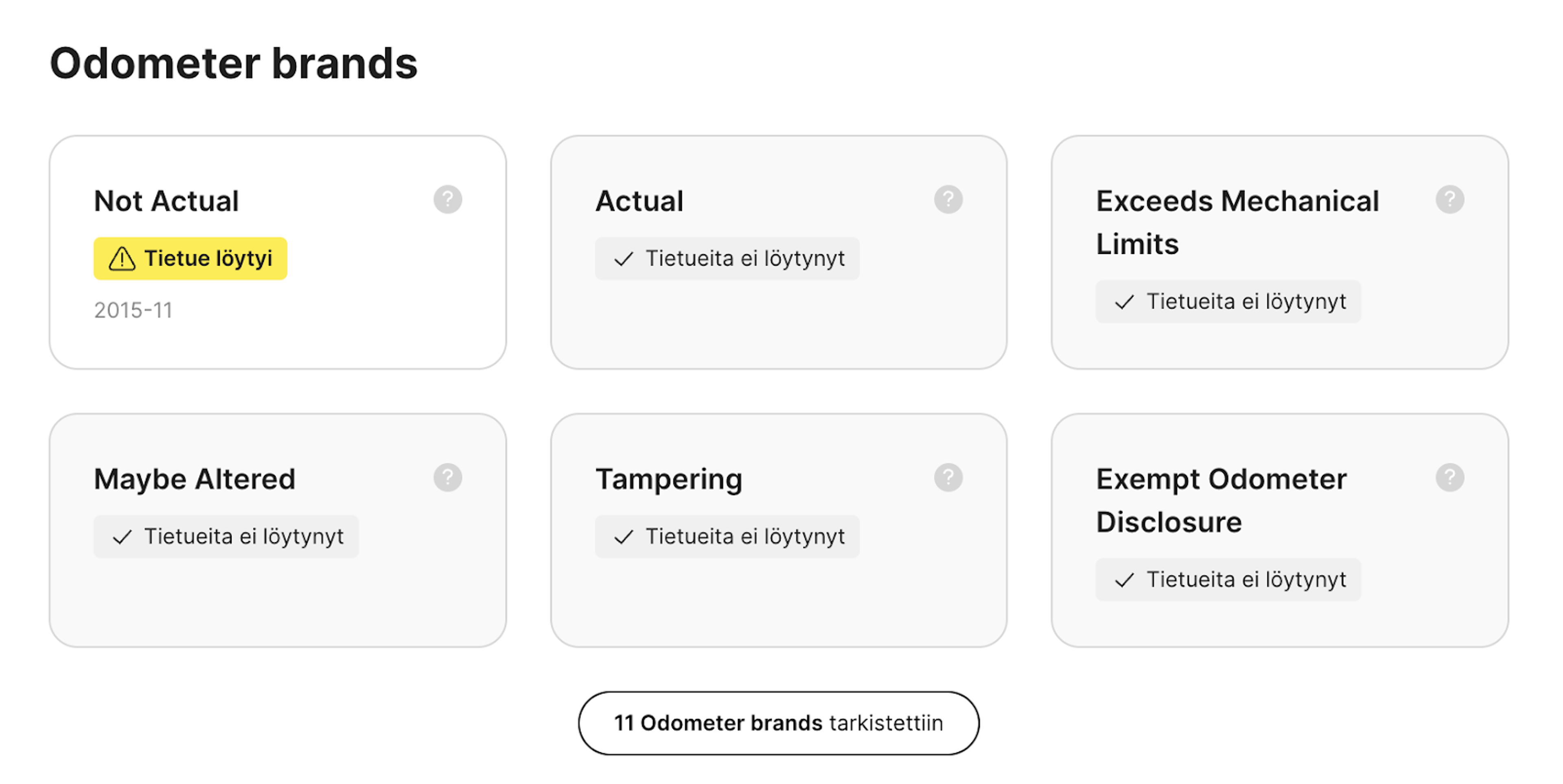 Titlen tarkastusosio carVerticalin raportissa, jossa korostetaan mahdollisia matkamittarin ristiriitaisuuksia