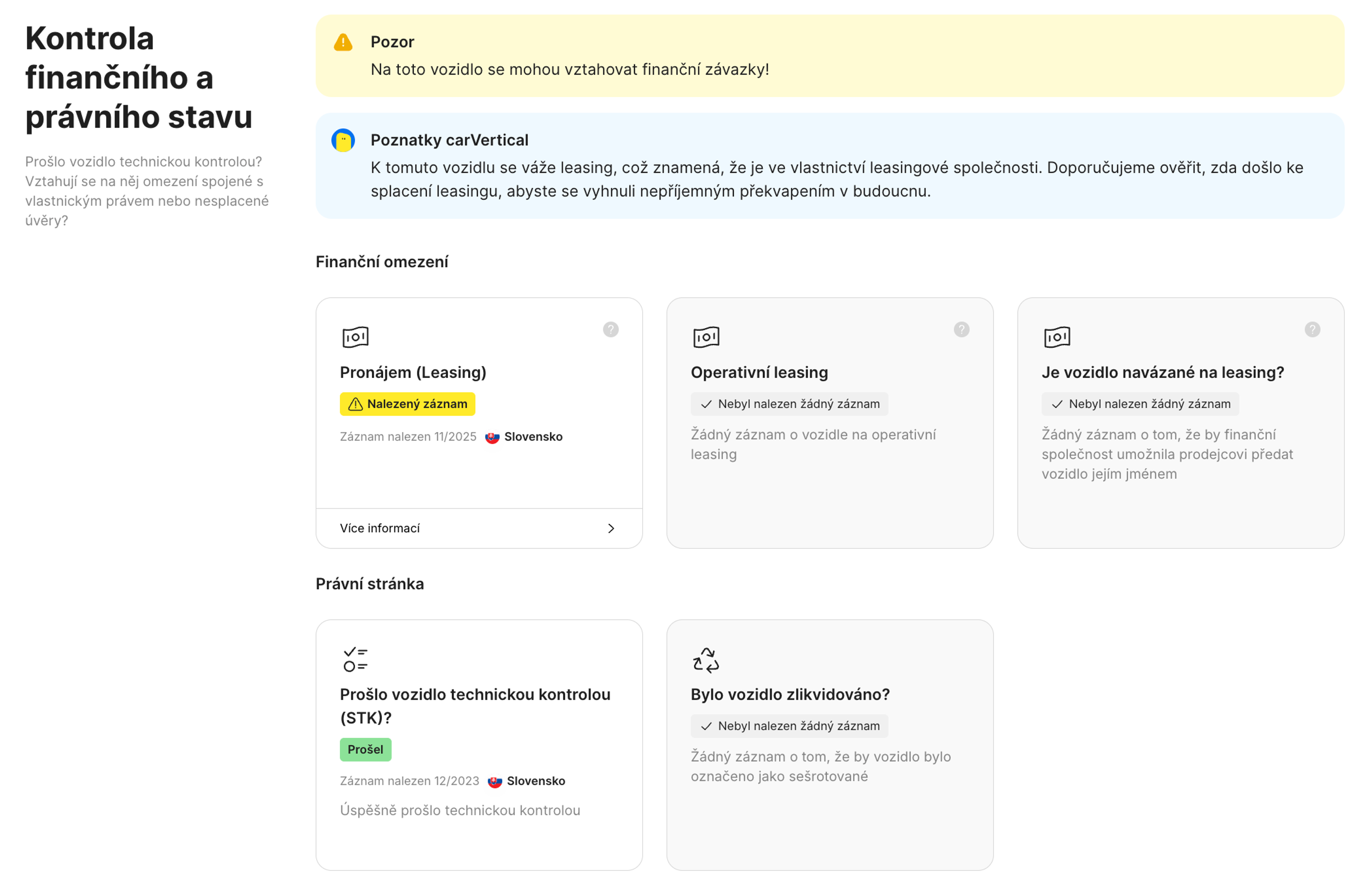 Funkce finančního a právního stavu v reportu carVertical