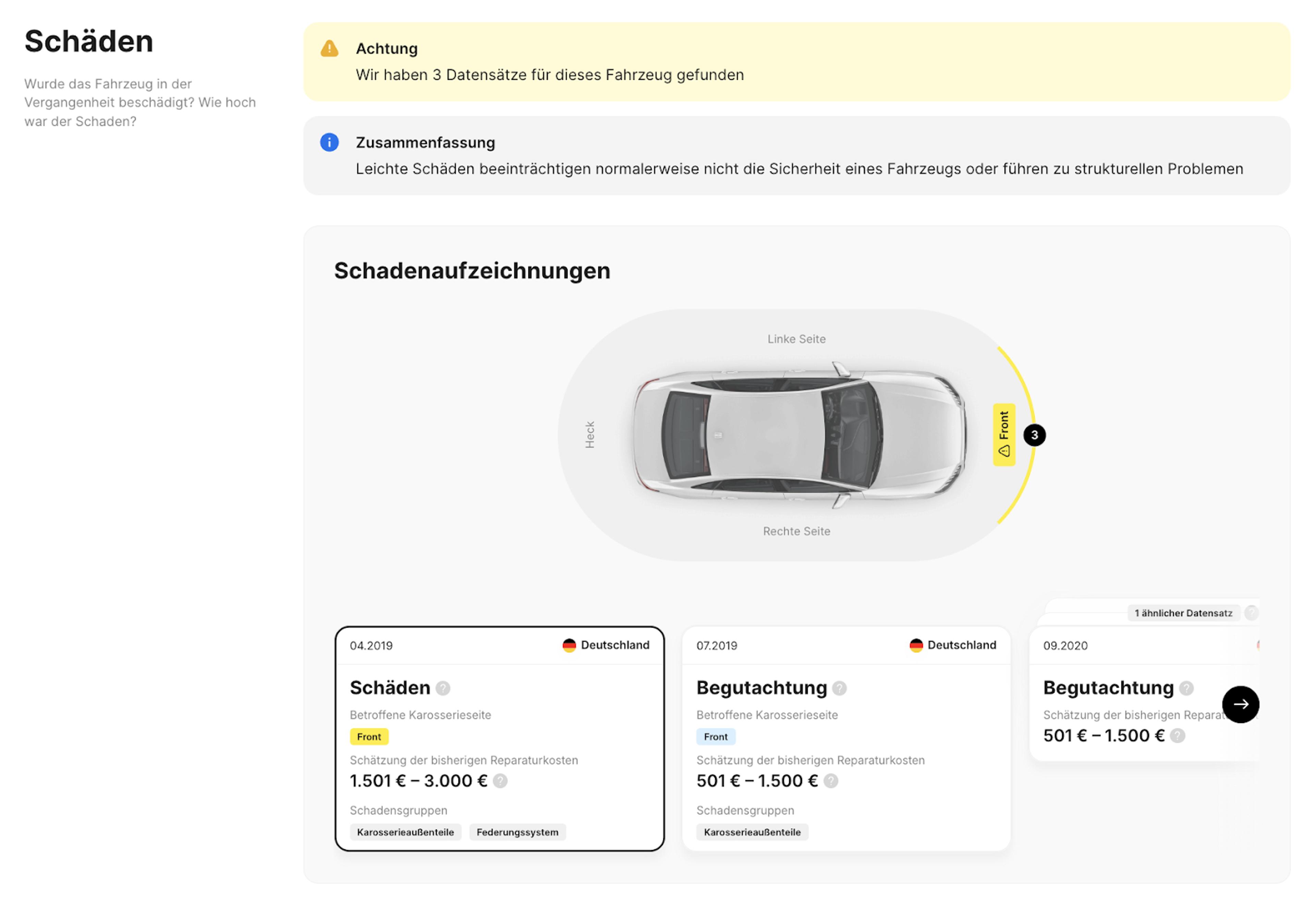 Schadensaufzeichnungen in einem carVertical-Fahrzeughistorienbericht