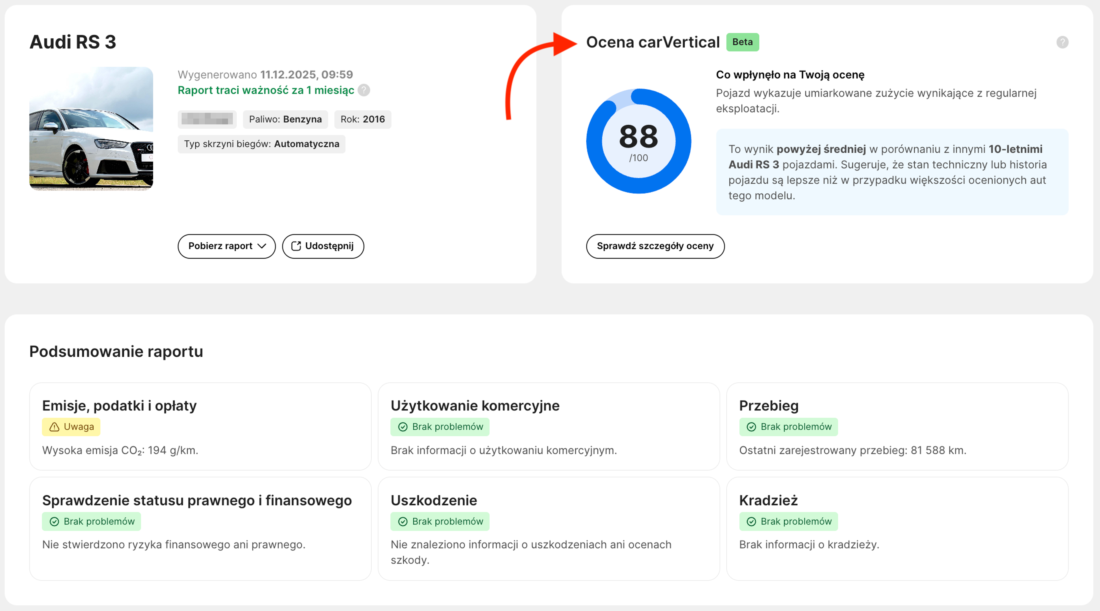 Fragment raportu historii pojazdu z widoczną Oceną carVertical