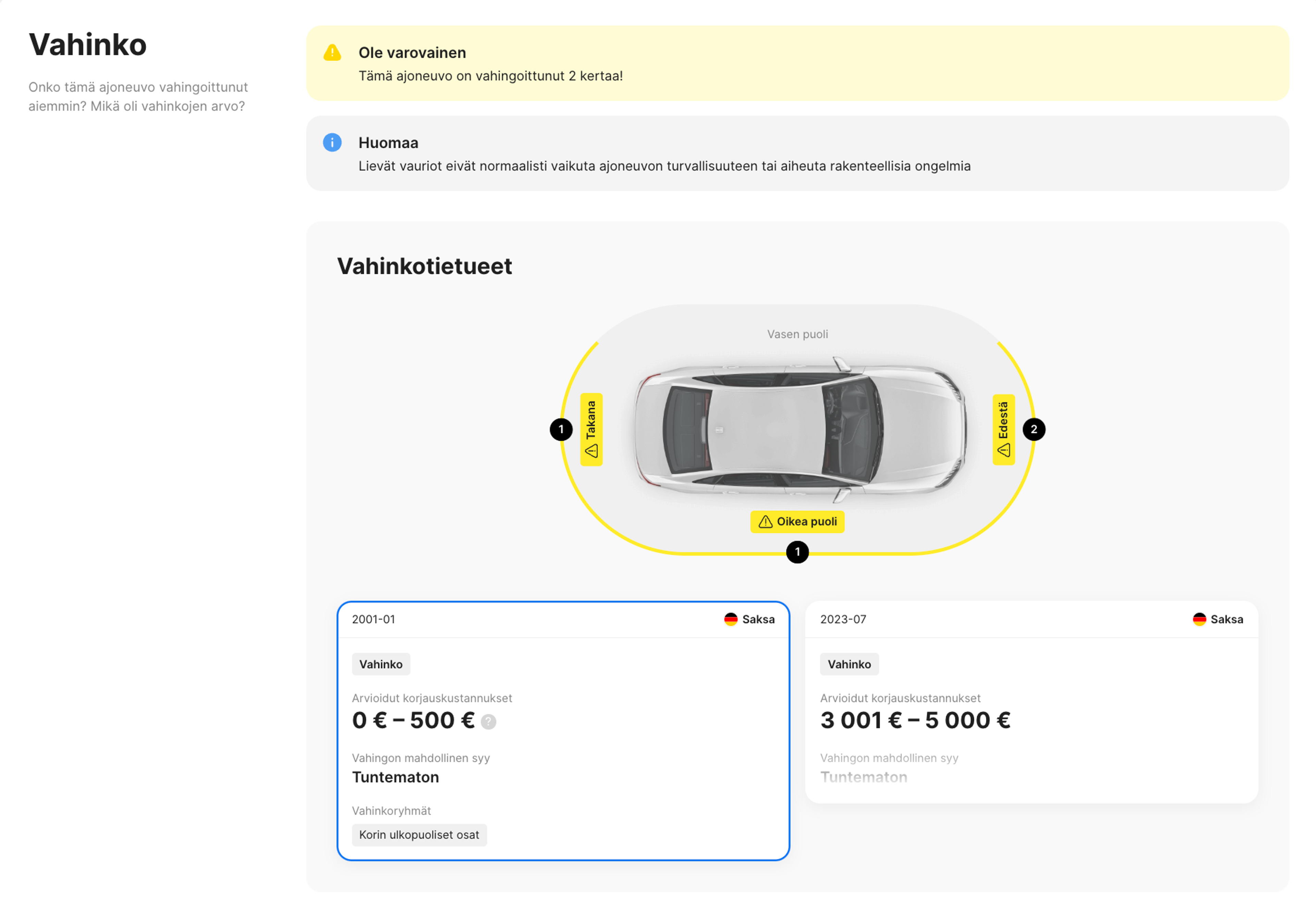 Vahinkotiedot carVerticalin ajoneuvon historiaraportissa