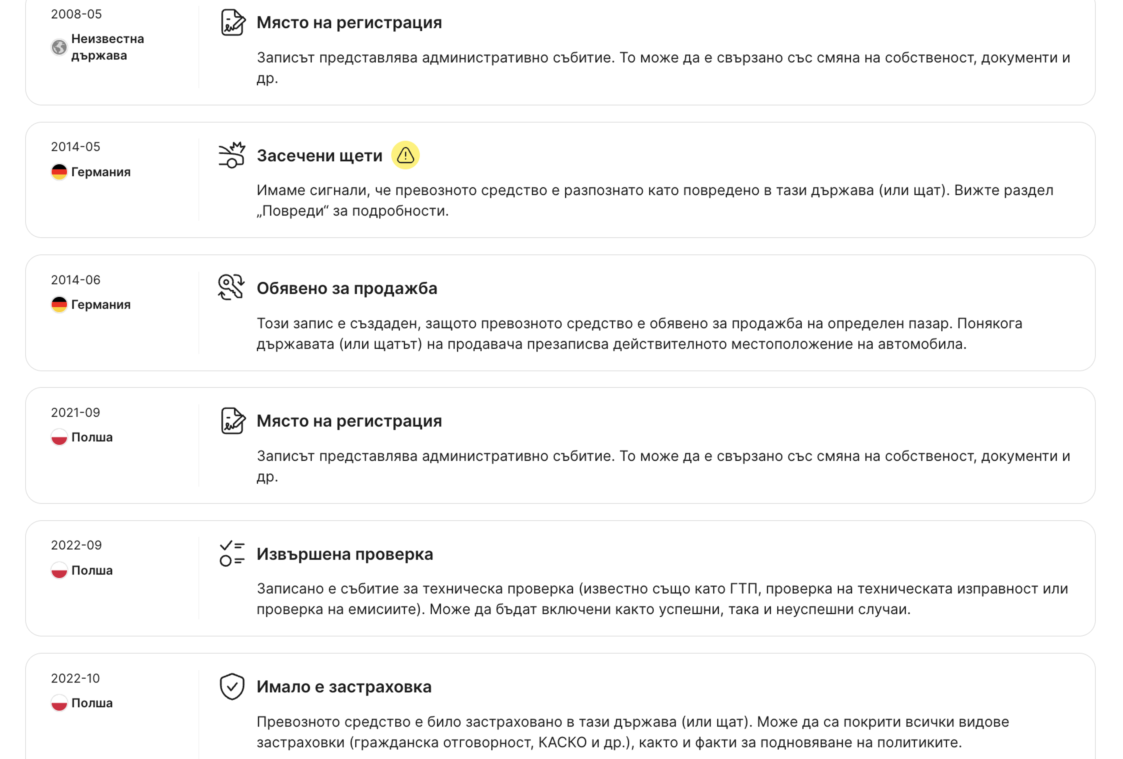 записи, намерени в раздел на времевата линия на отчета carVertical