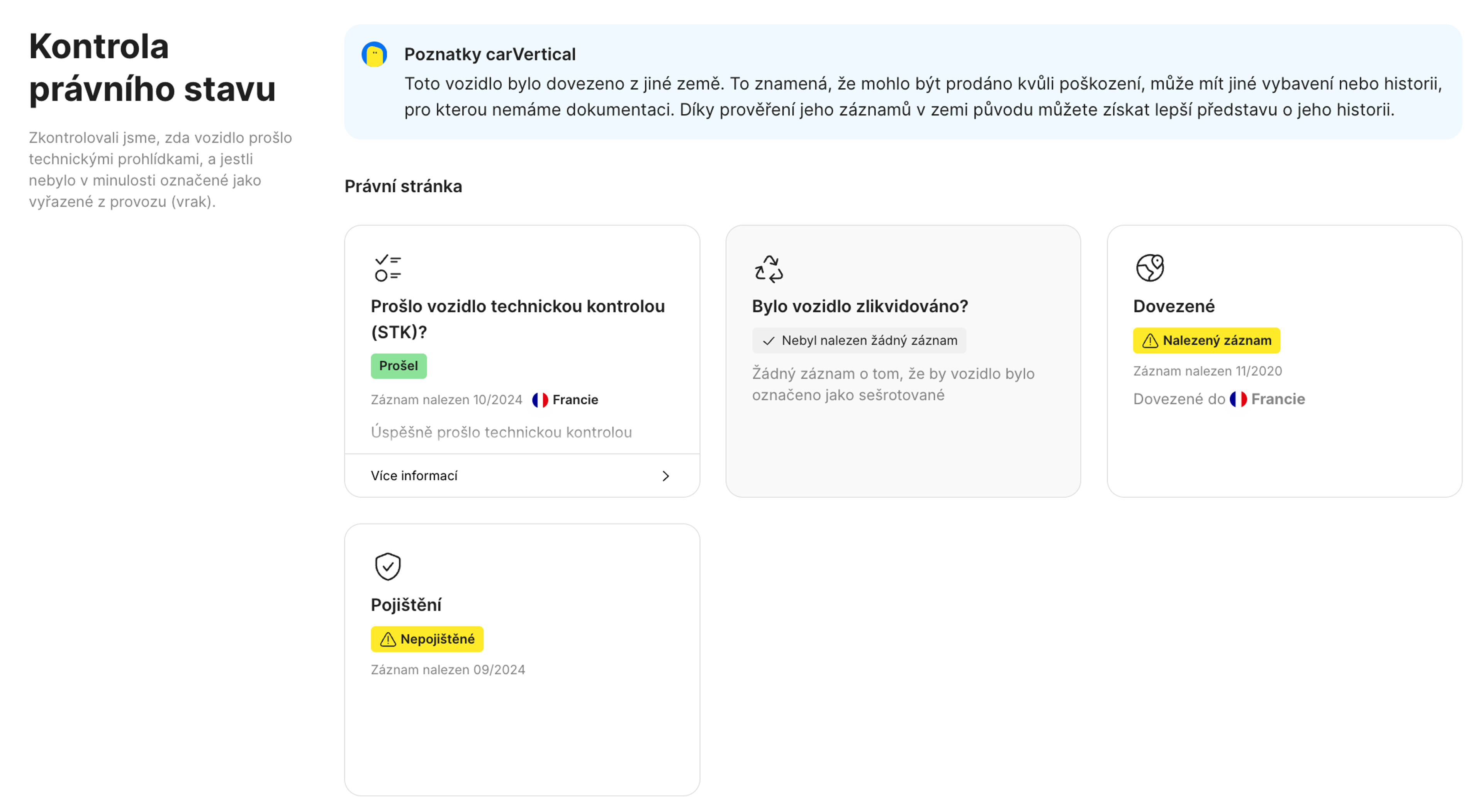 Funkce právního stavu v reportu carVertical