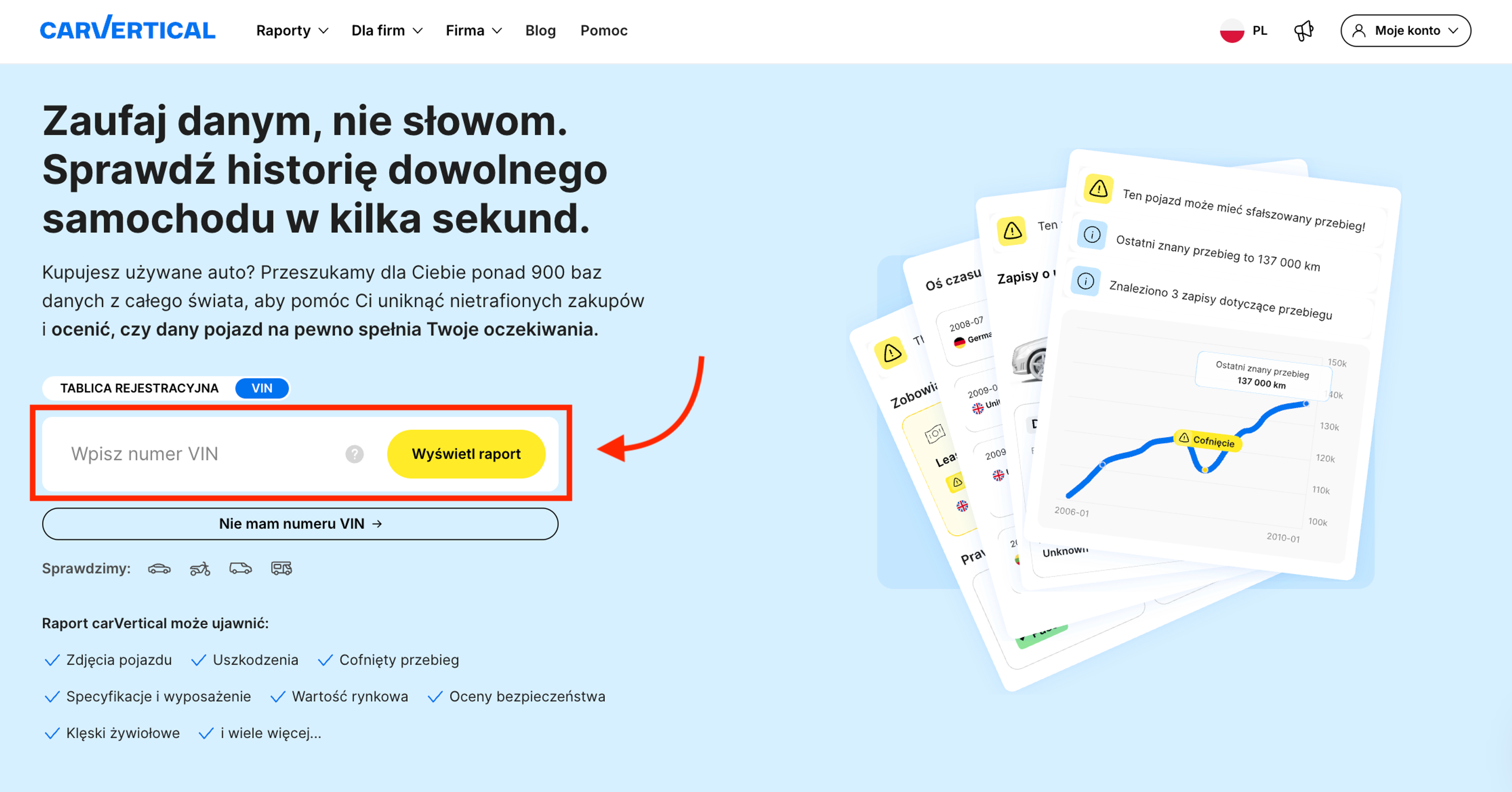 Pole do wpisania numeru VIN na stronie carVertical