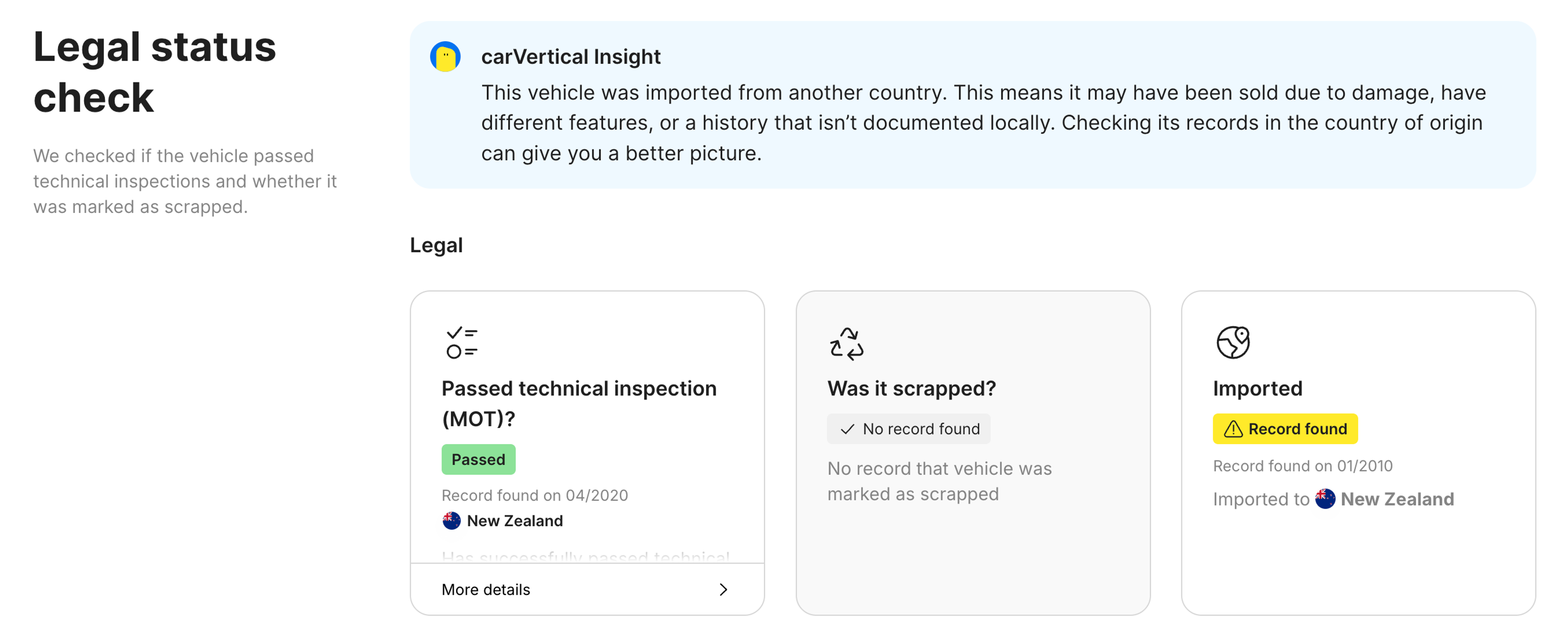 legal status feature in carVertical report