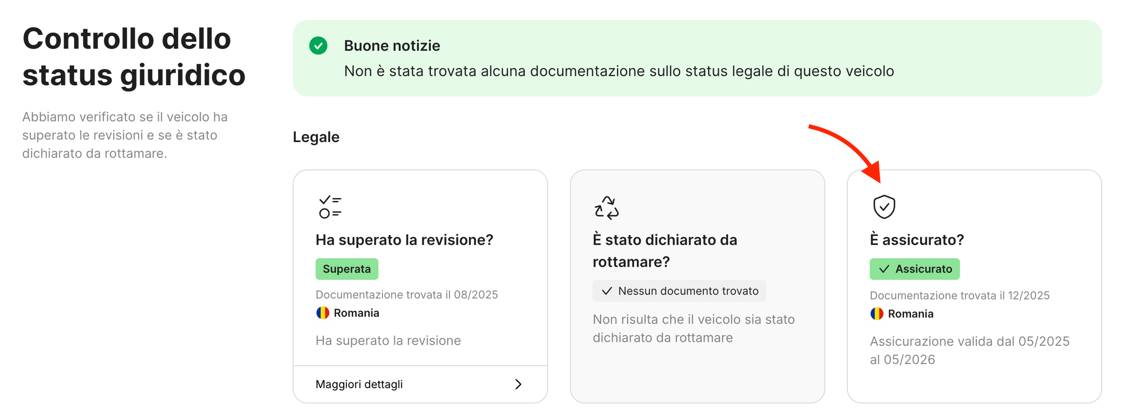 Scheda Assicurazione nella sezione Controllo dello status giuridico