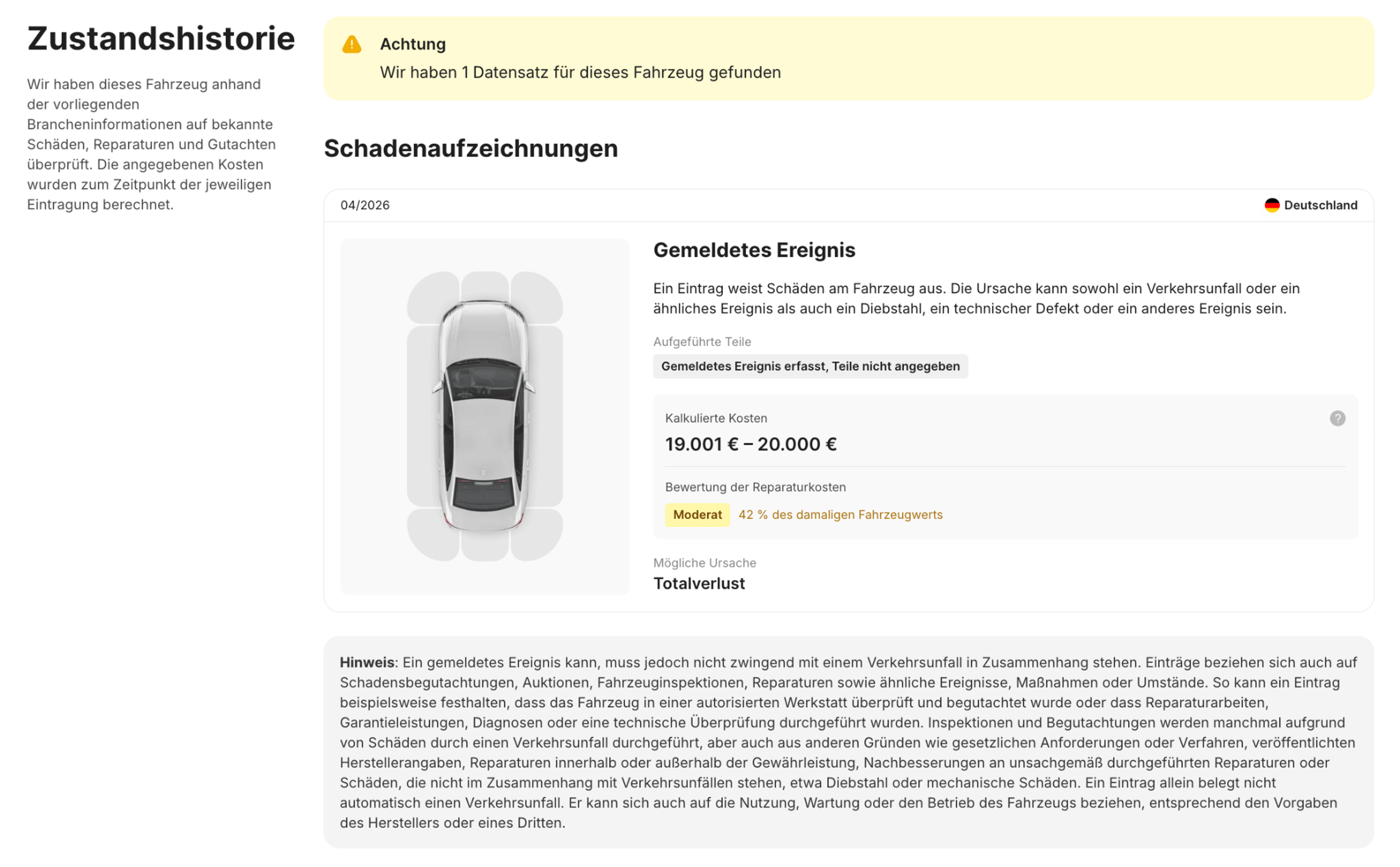 Schadenseintrag im carVertical-Bericht