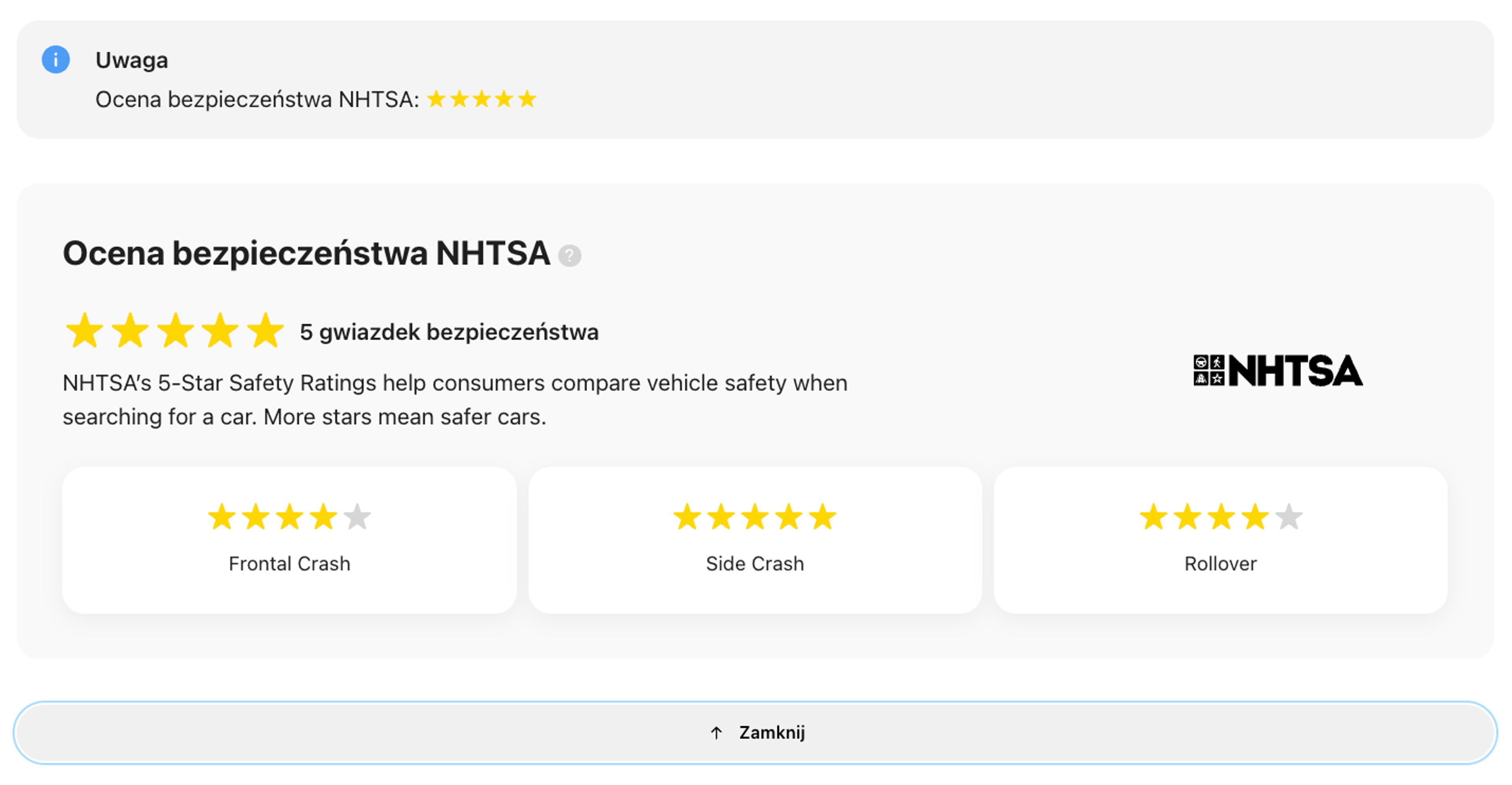 Oceny bezpieczeństwa NHTSA w raporcie carVertical