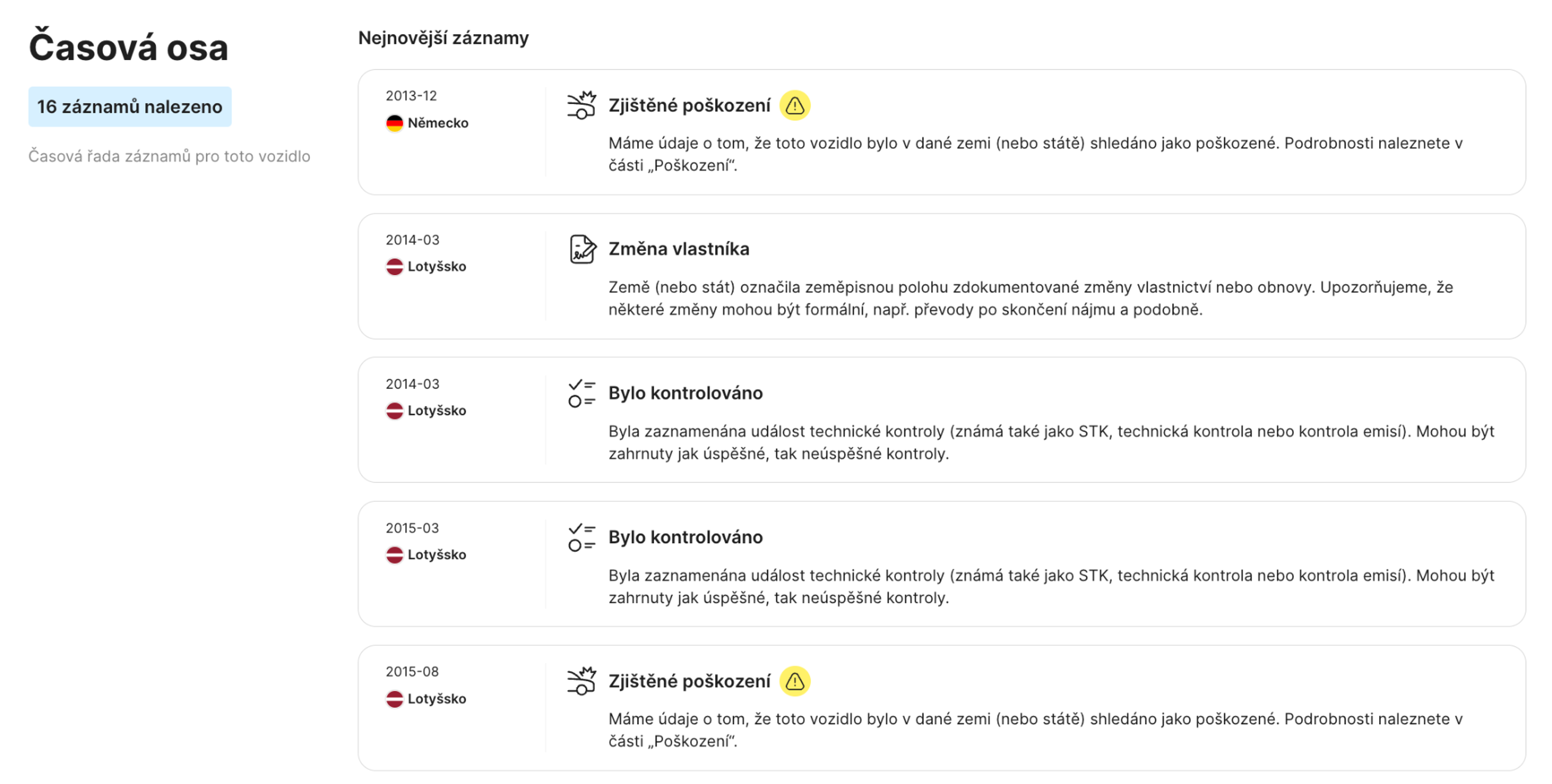 sekce časové osy v přehledu carVertical