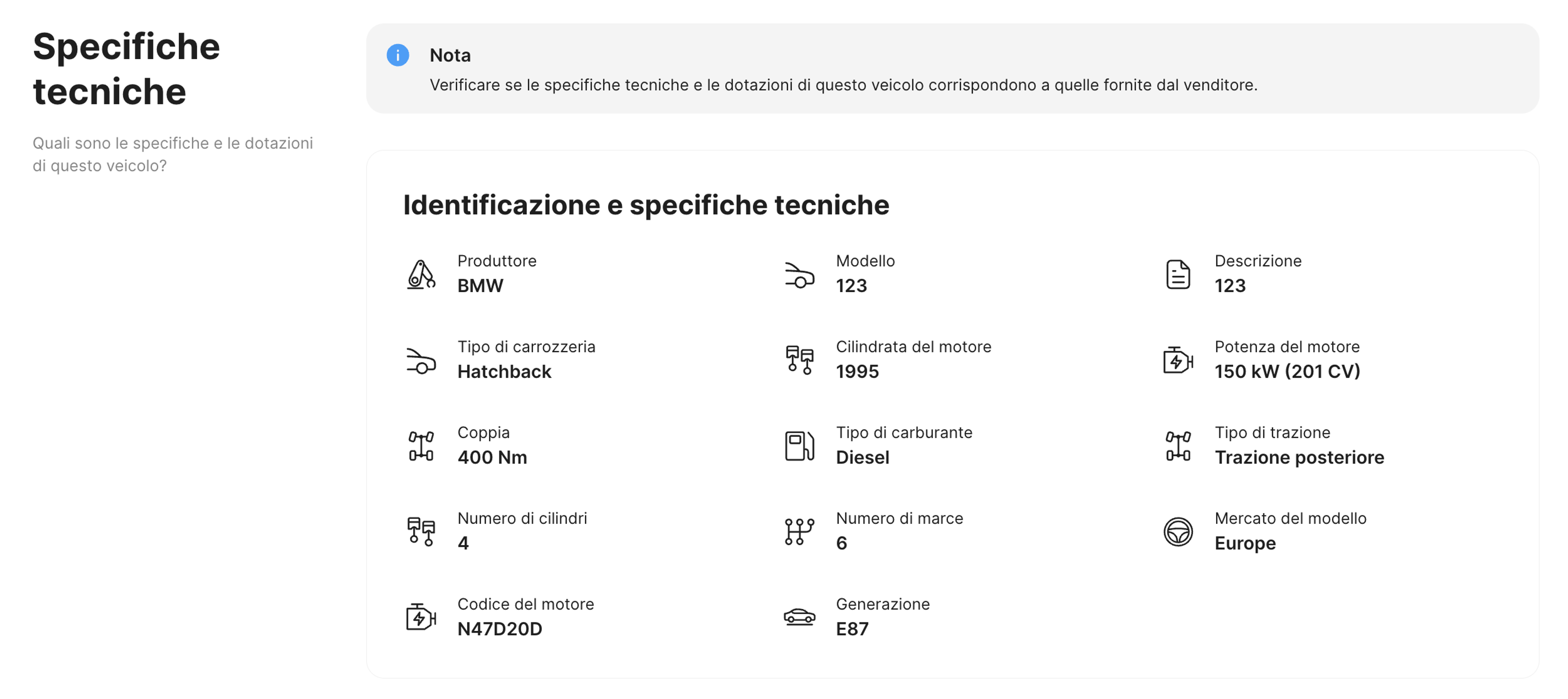 Specifiche del veicolo in un report carVertical