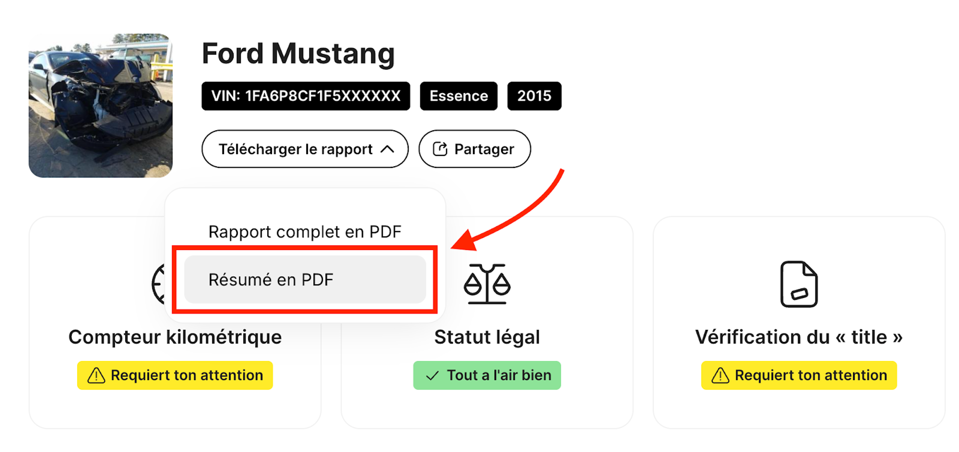 Comment télécharger le résumé en PDF d’un rapport carVertical