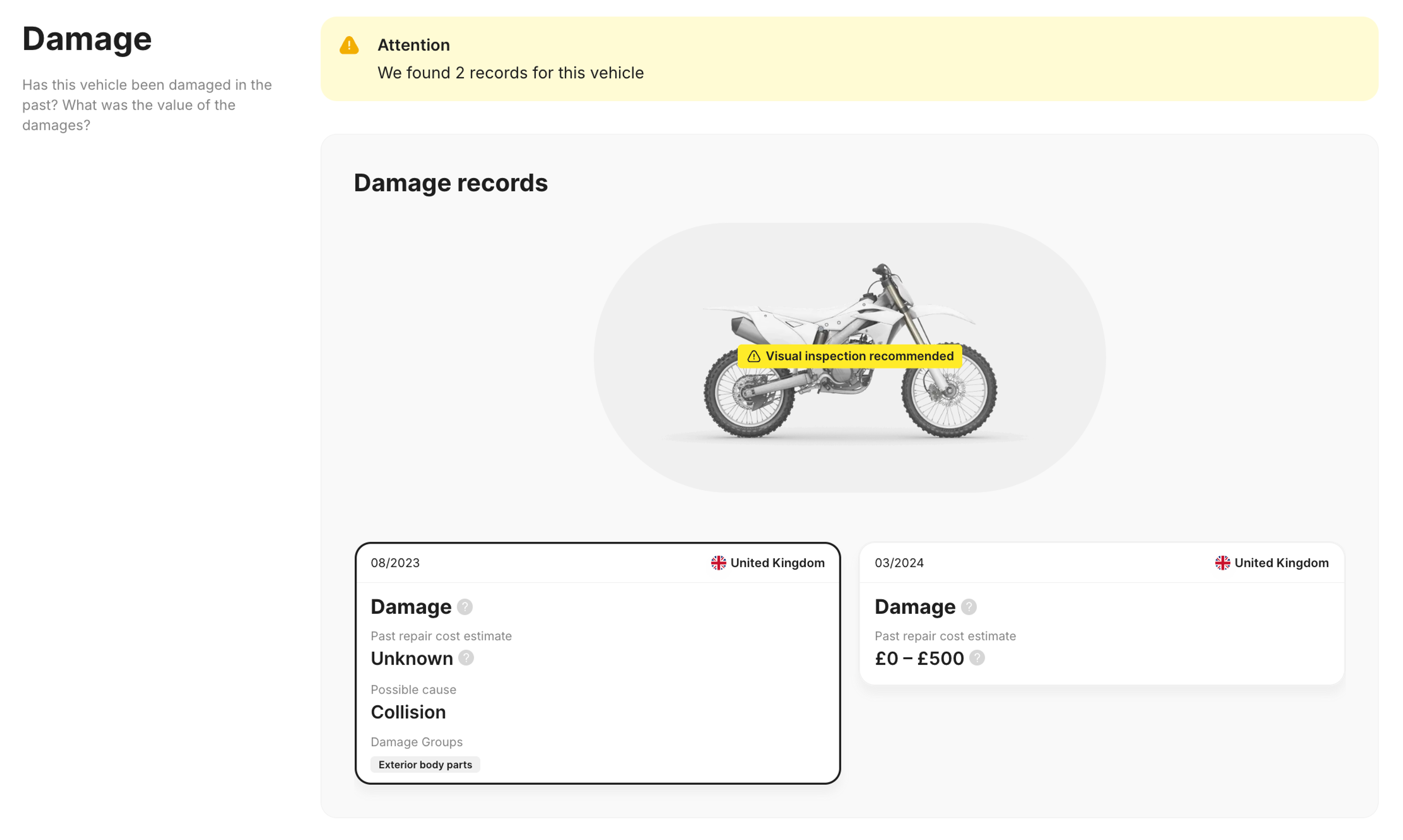 Damage records in carVertical history report