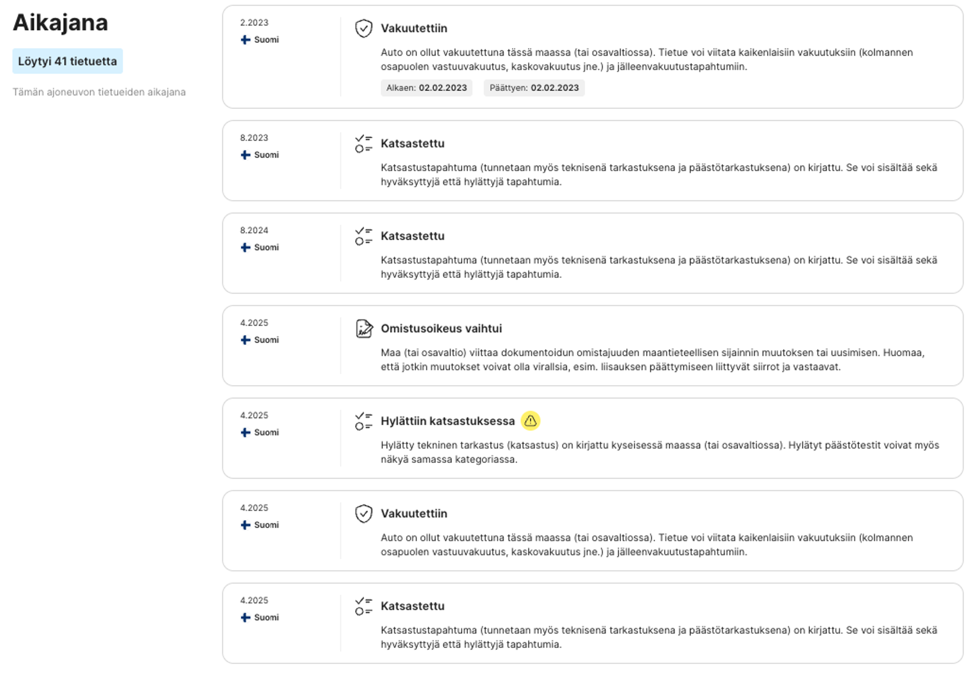 Aikajana-osio carVerticalin historiaraportissa
