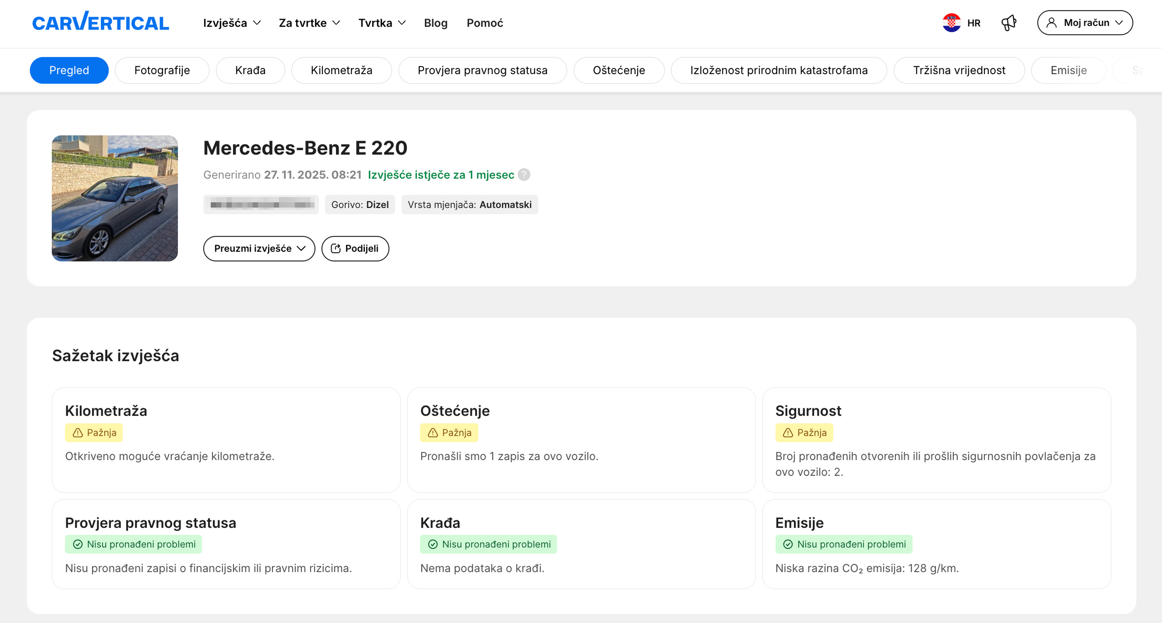 primjer carVertical izvješća