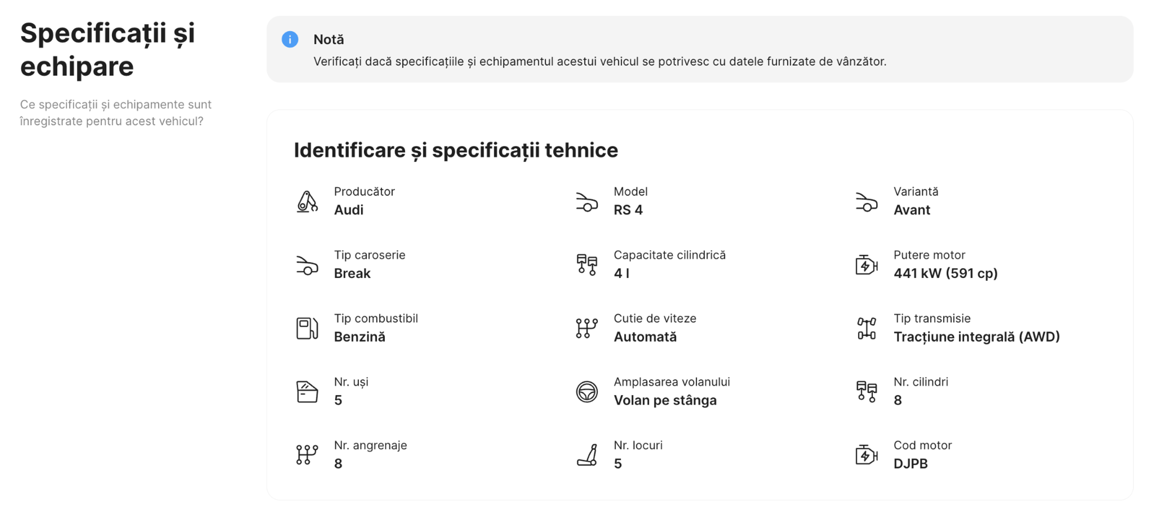 Secțiunea specificații și echipamente în raportul carVertical