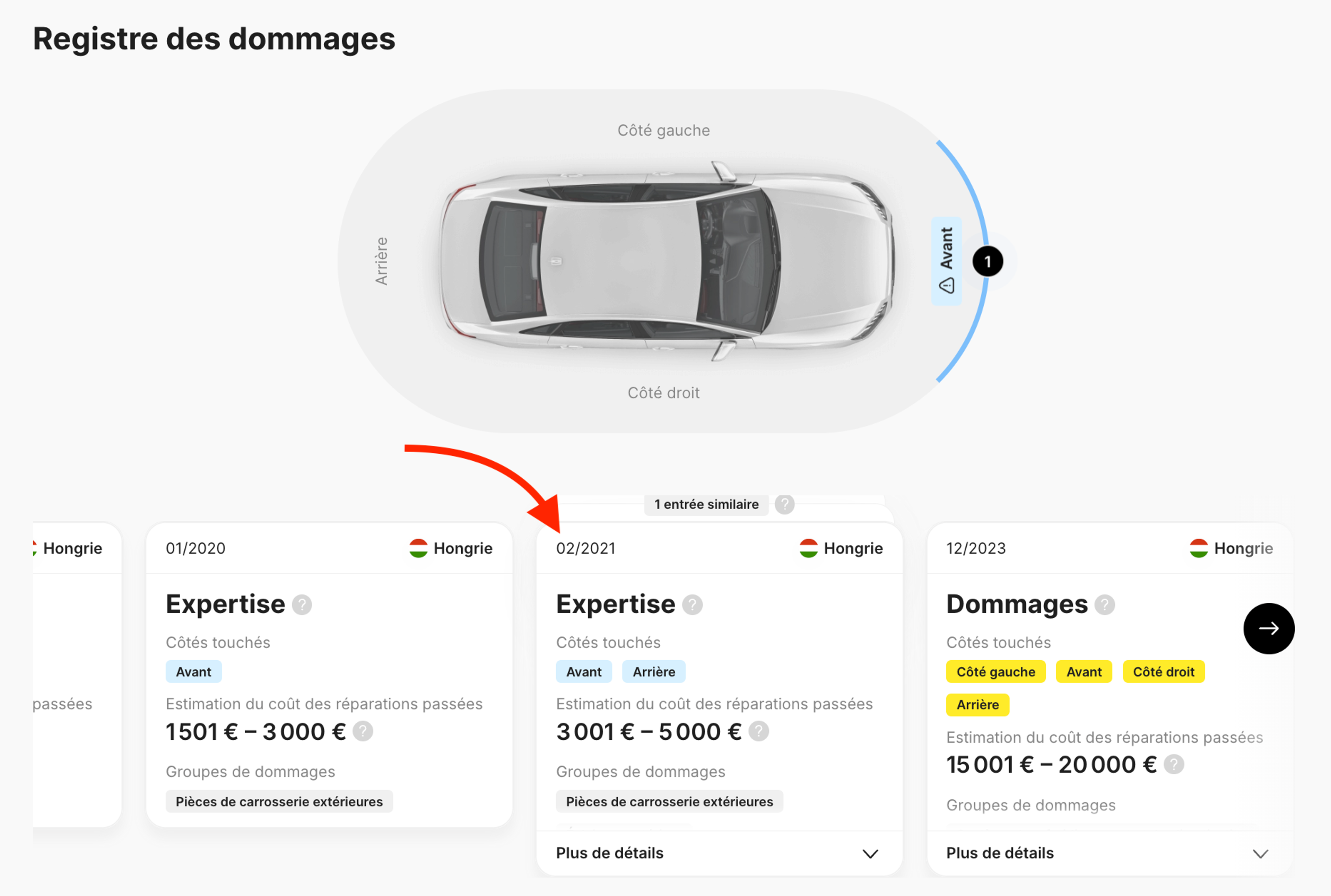 Encadrés Dommages et Évaluation dans le rapport carVertical