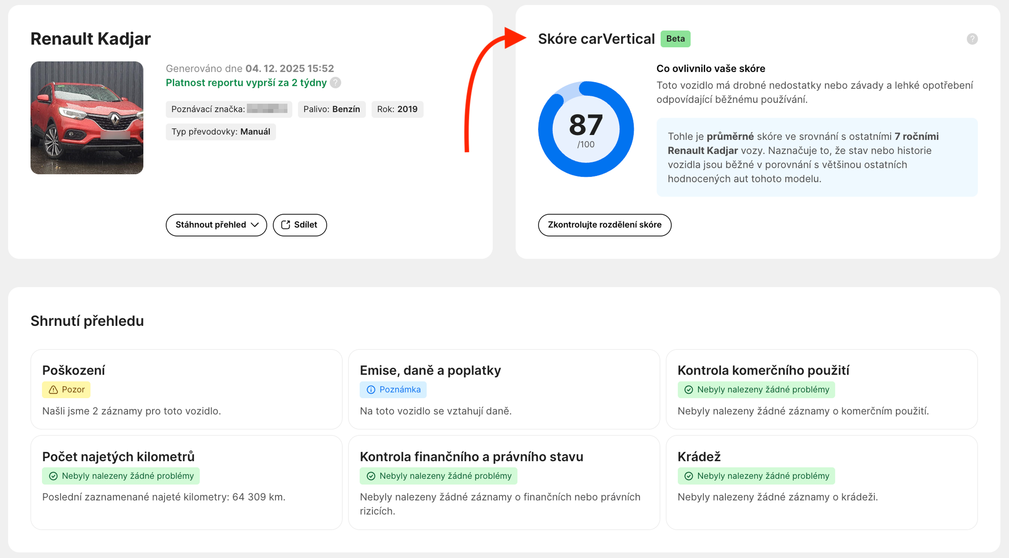 Skóre carVertical ve Shrnutí přehledu historie vozidla