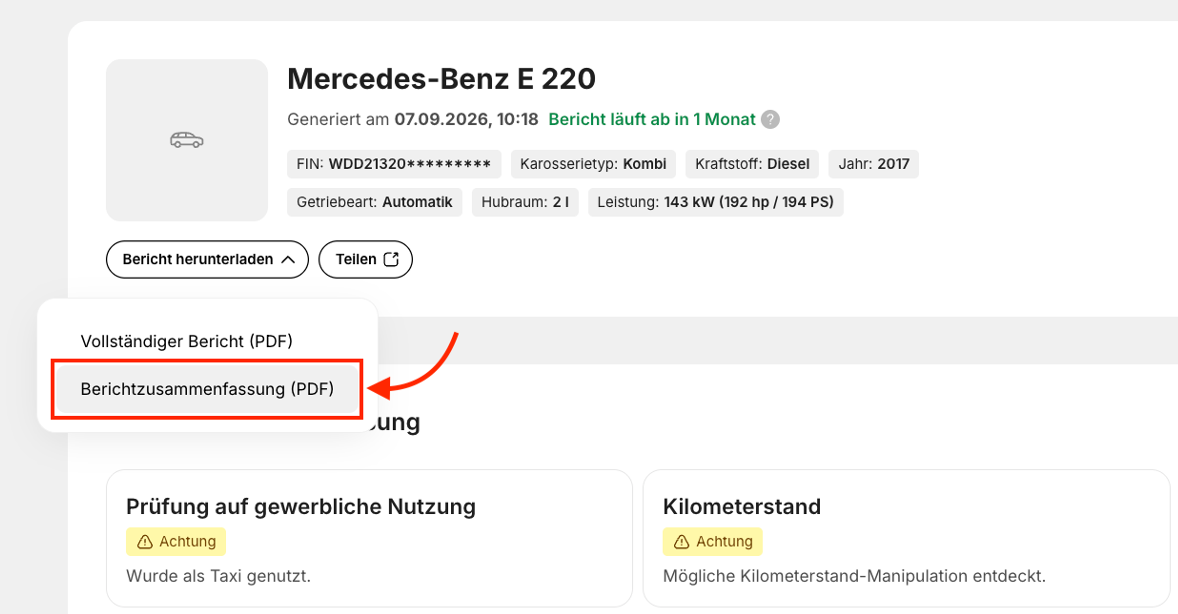 So kannst du die PDF-Datei mit der Zusammenfassung des carVertical-Berichts herunterladen