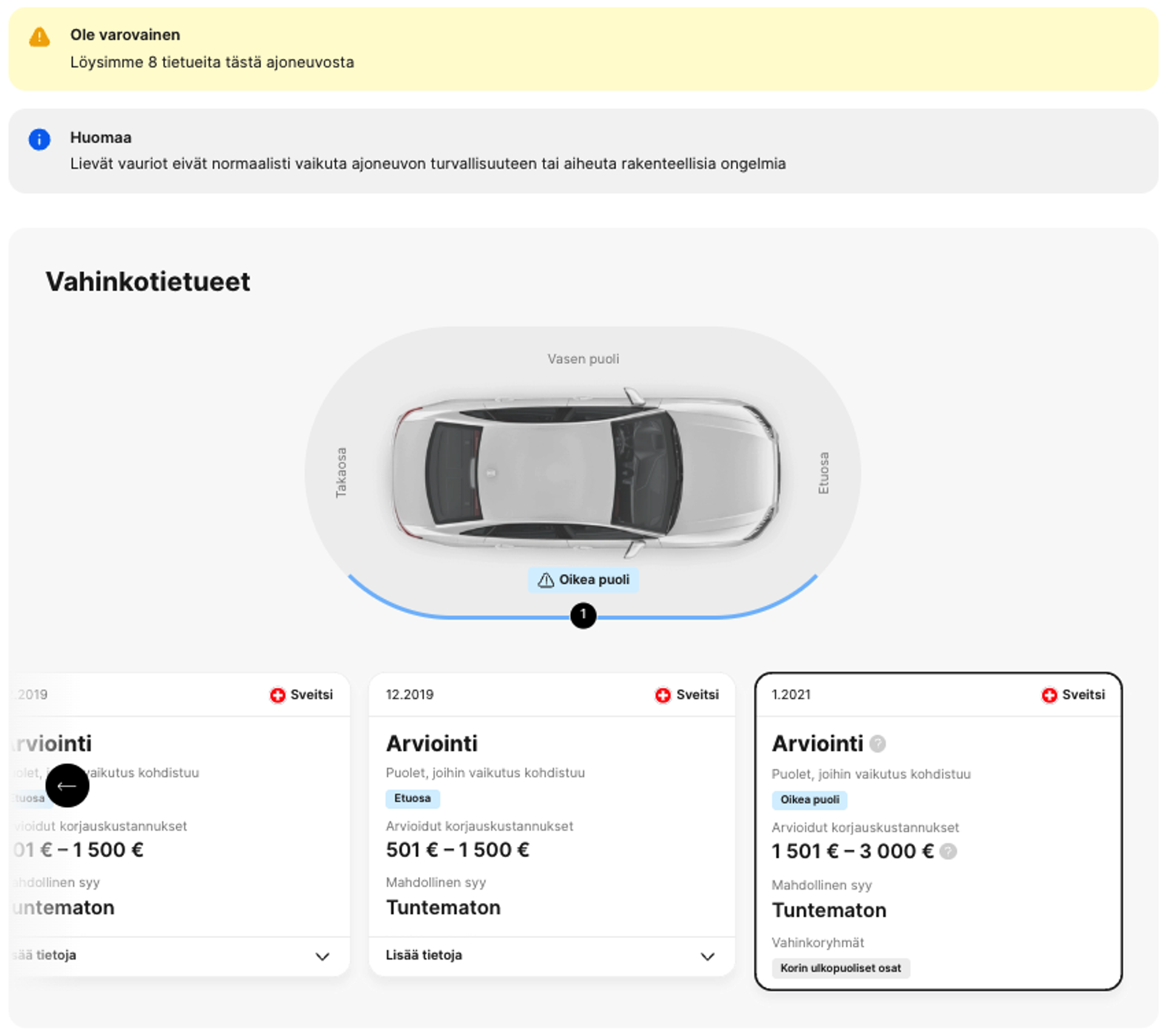 Tietoja auton vaurioista historiaraportissa