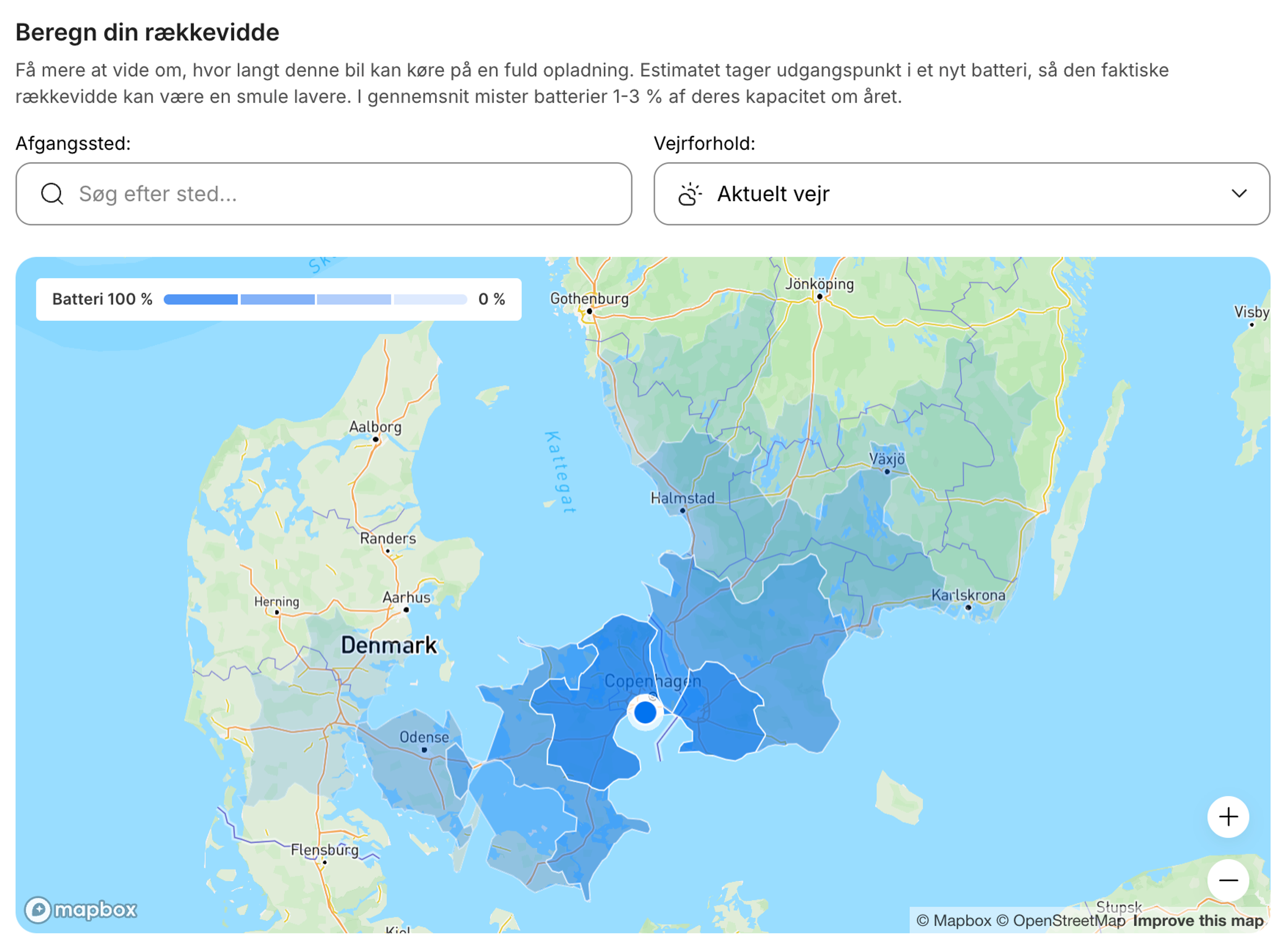 Interaktivt kort over elbilens rækkevidde, der viser den estimerede kørselsafstand.