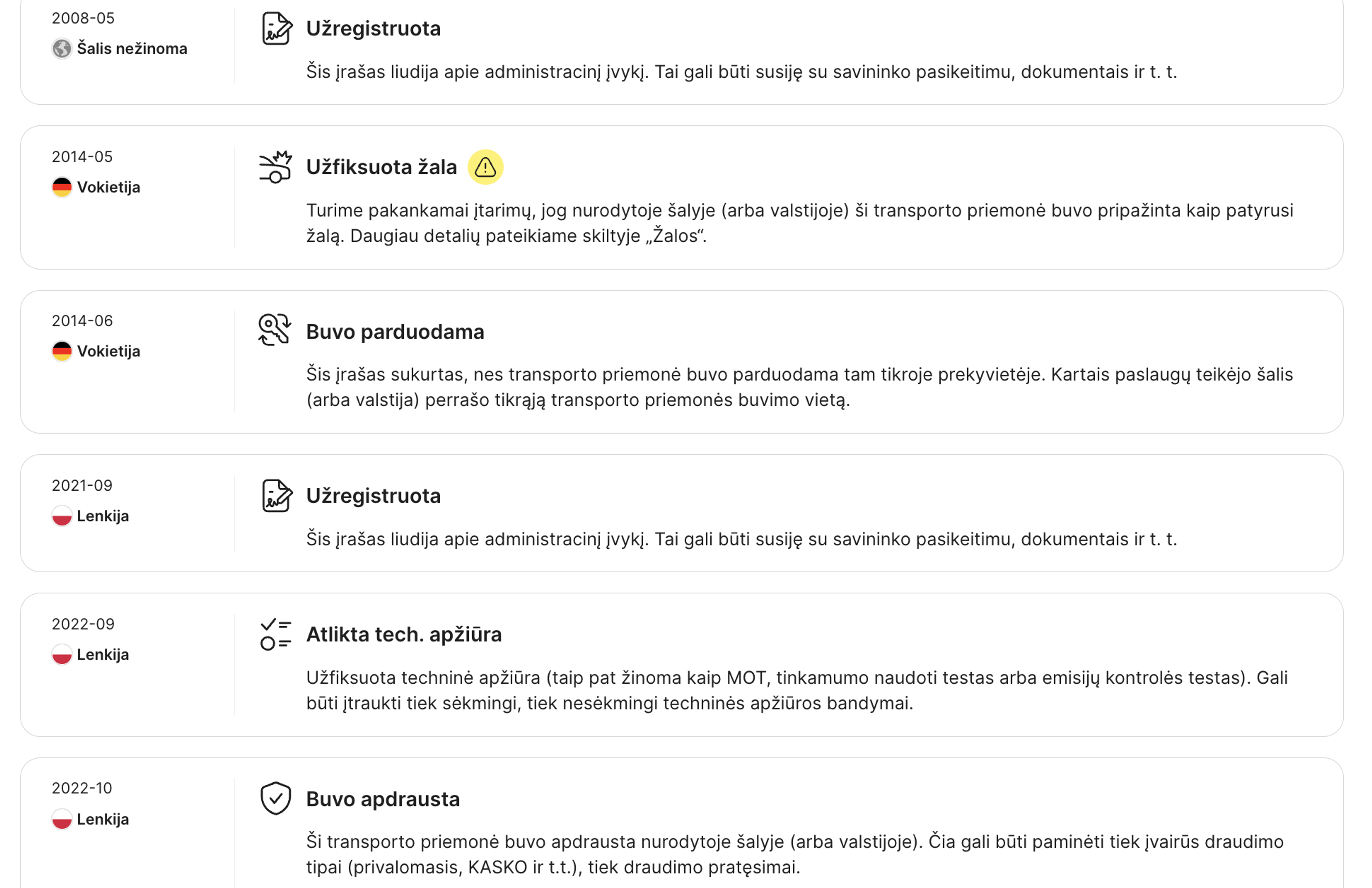 įrašai rasti carVertical ataskaitos laiko juostos skiltyje