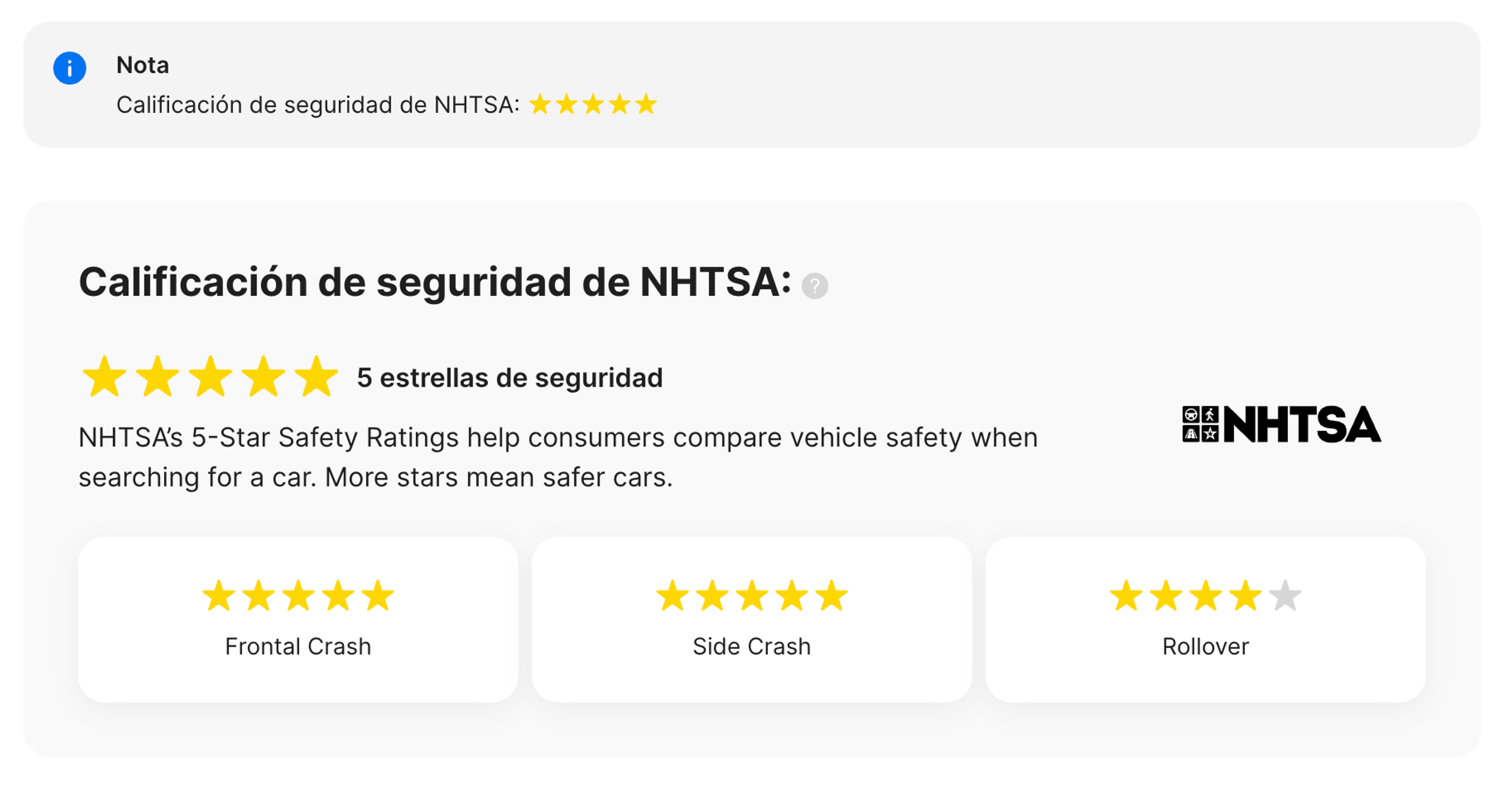 Sección de la NHTSA en el informe carVertical
