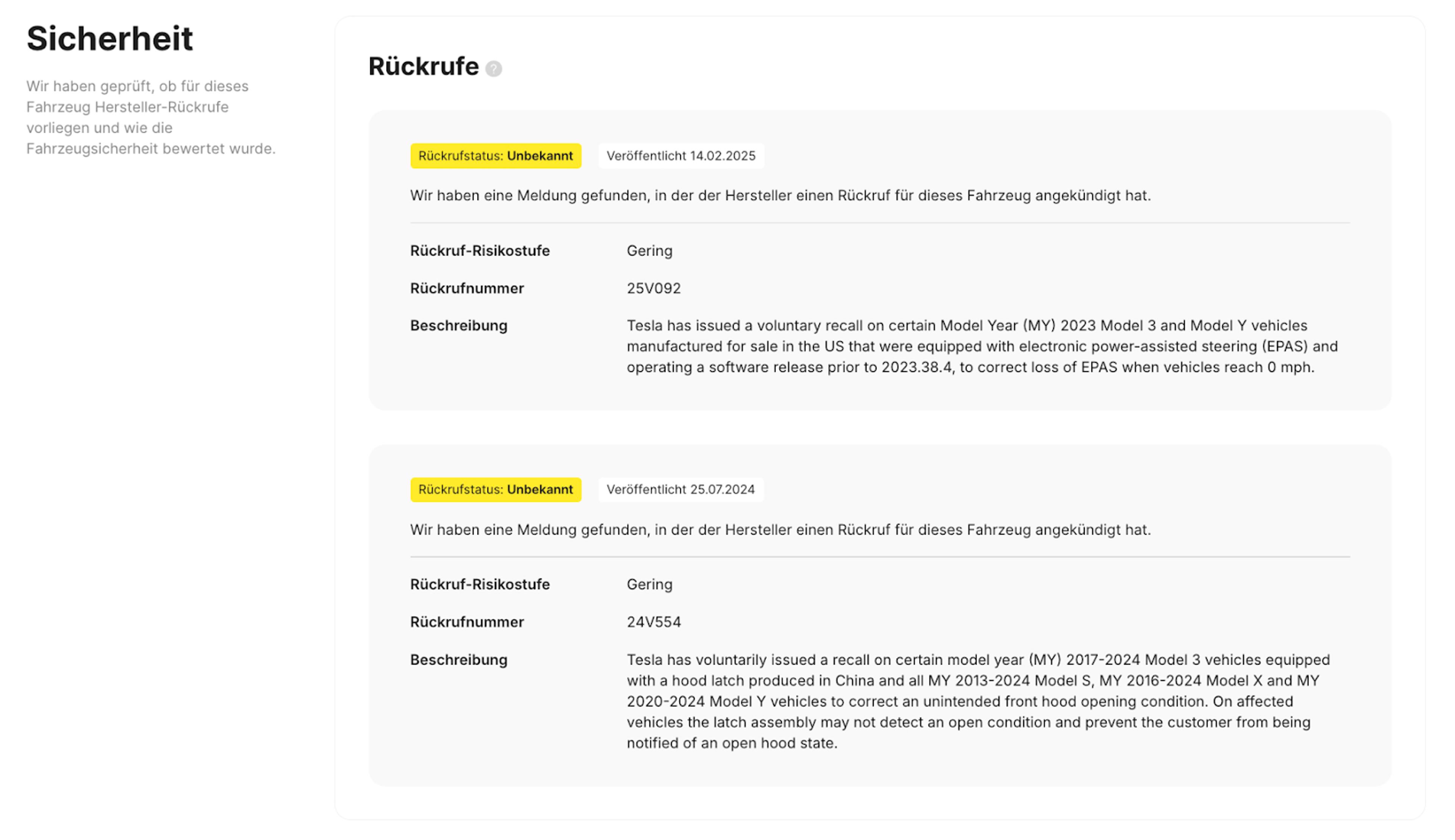 Zwei Rückrufeinträge im carVertical-Bericht zur Fahrzeughistorie