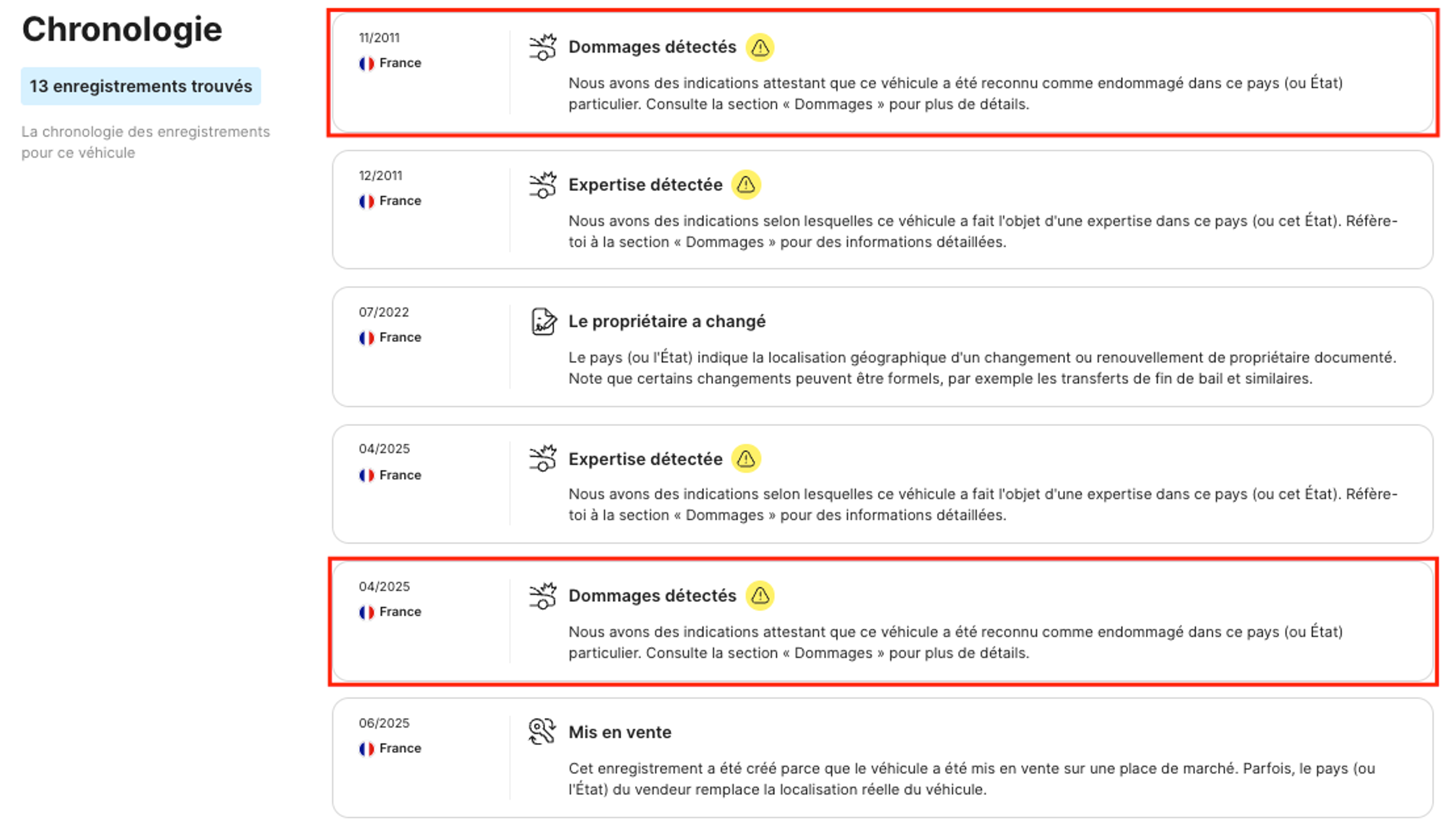 Chronologie dans le rapport carVertical avec détails des événements majeurs.