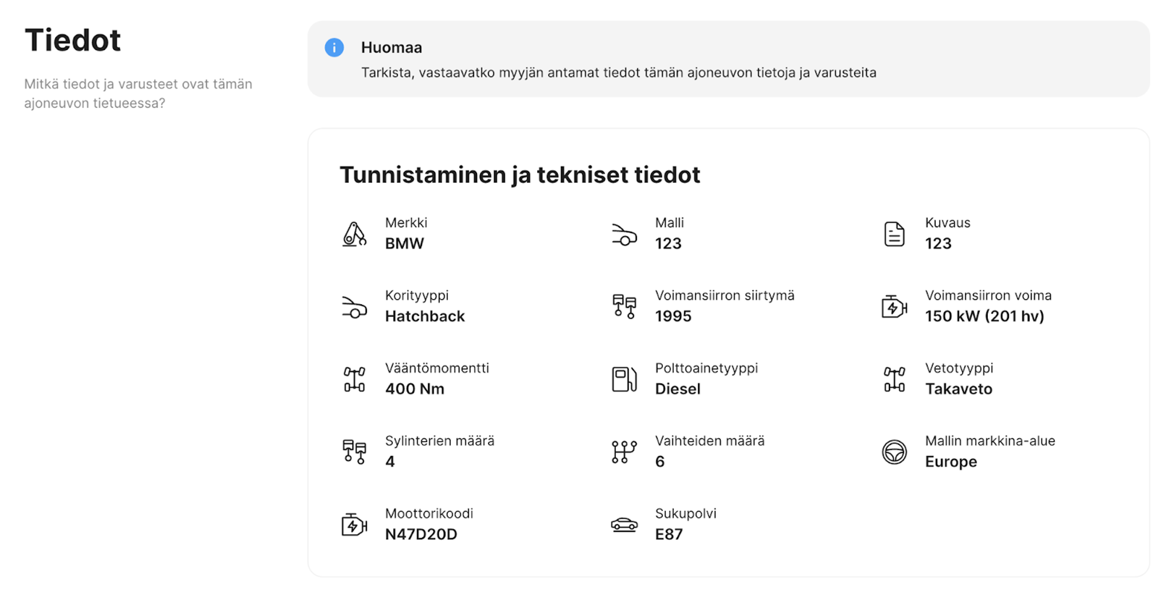 Alkuperäiset auton tekniset tiedot purettuna