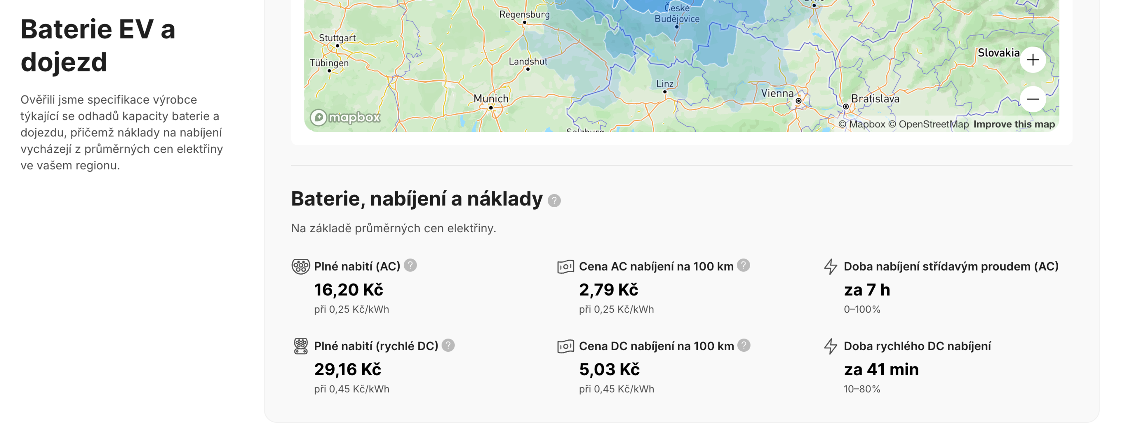 Odhady doby a nákladů nabíjení elektromobilu v přehledu vozidla.