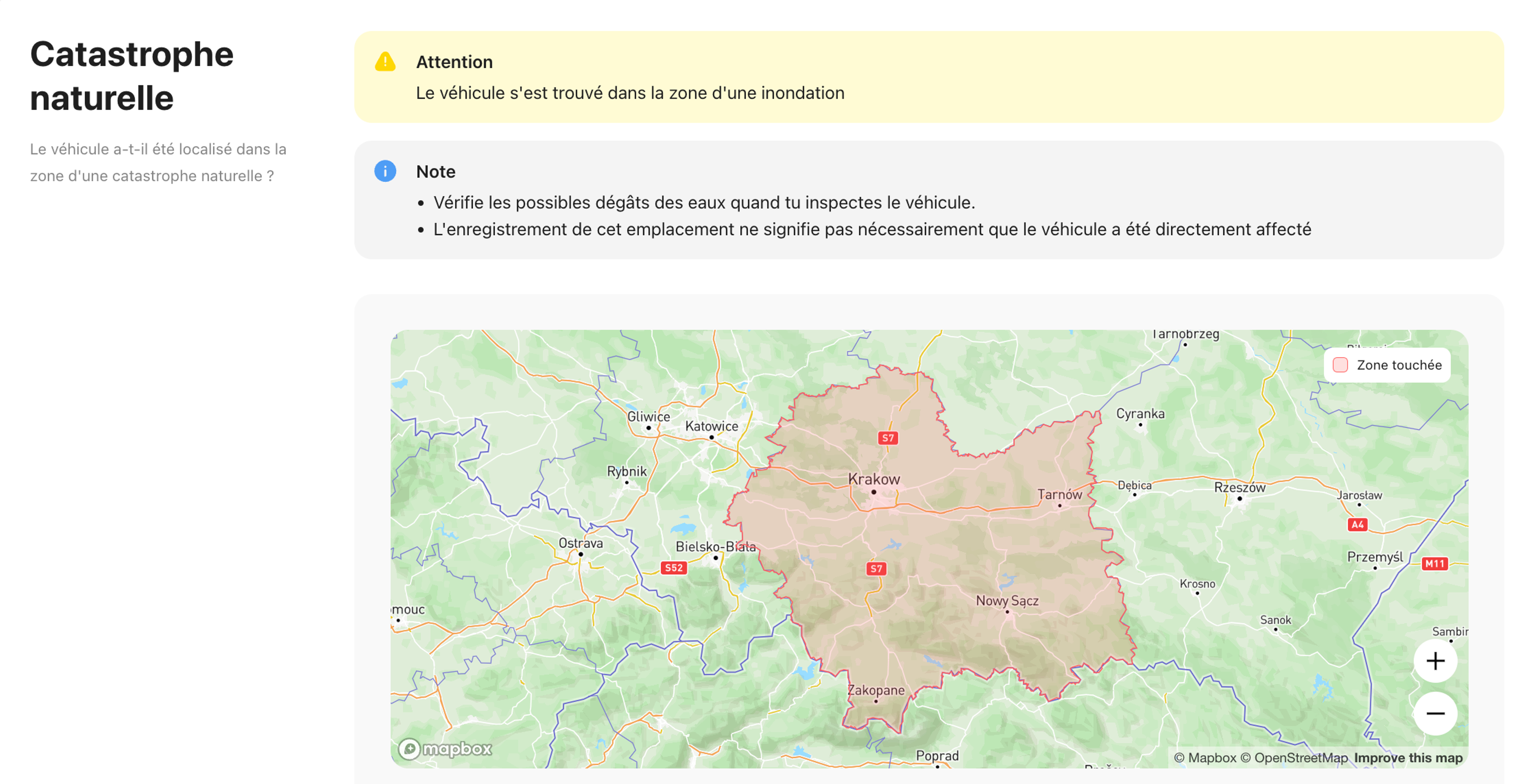 Enregistrement d'inondation trouvé dans le rapport d'historique du véhicule carVertical