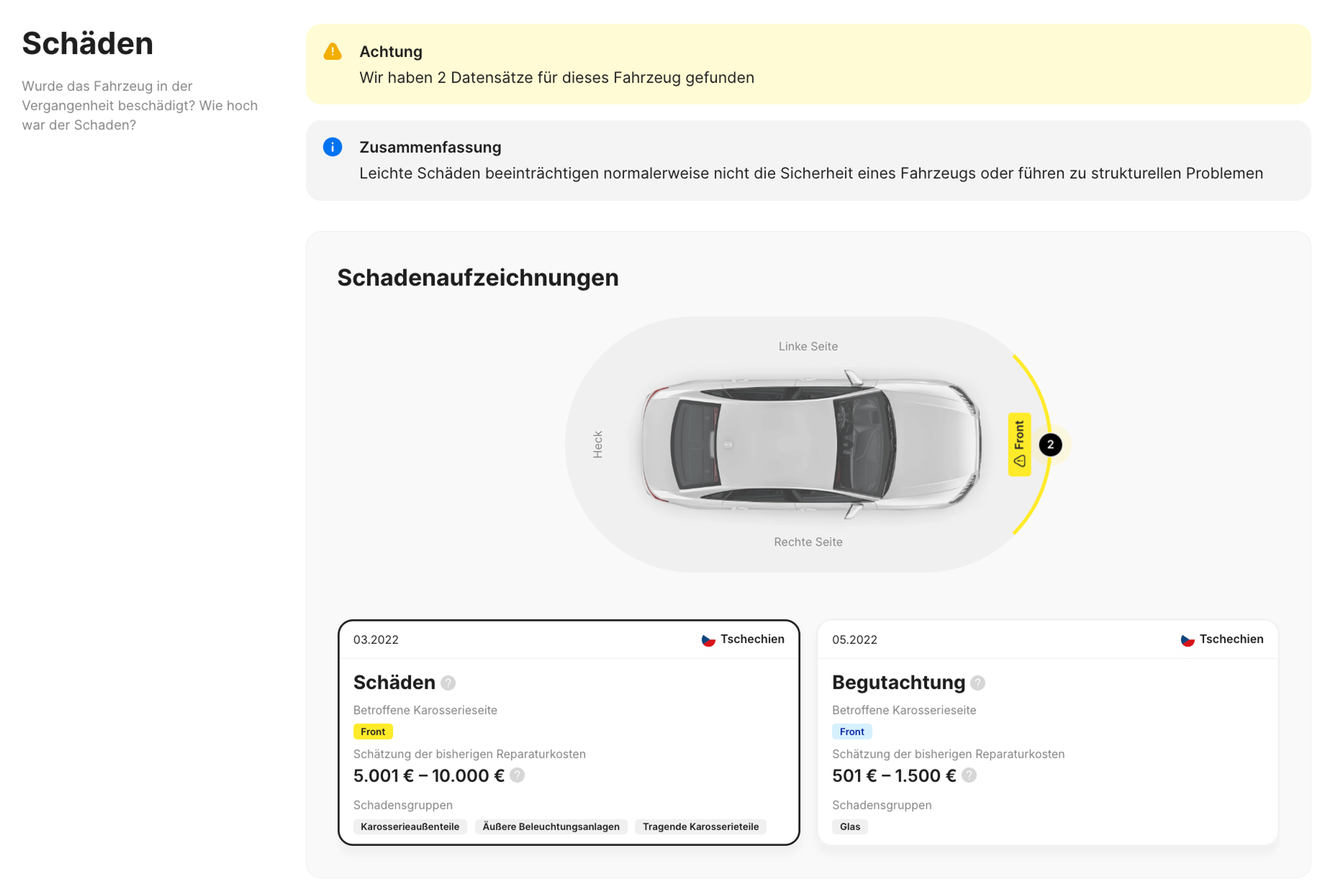 Dokumentierte Schäden in der Fahrzeughistorie eines Autos