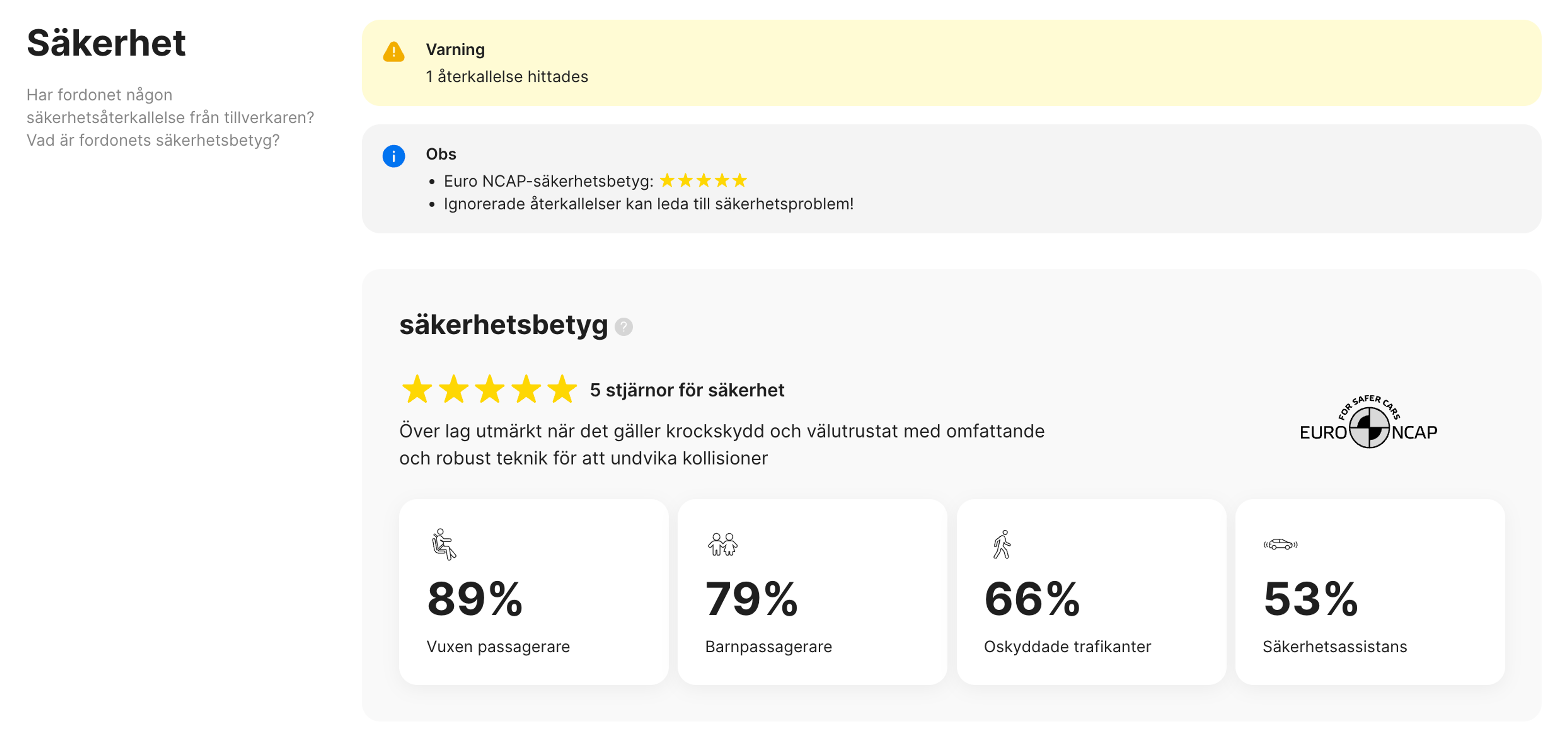 Säkerhetsklassificeringar i rapporten "carVertical"