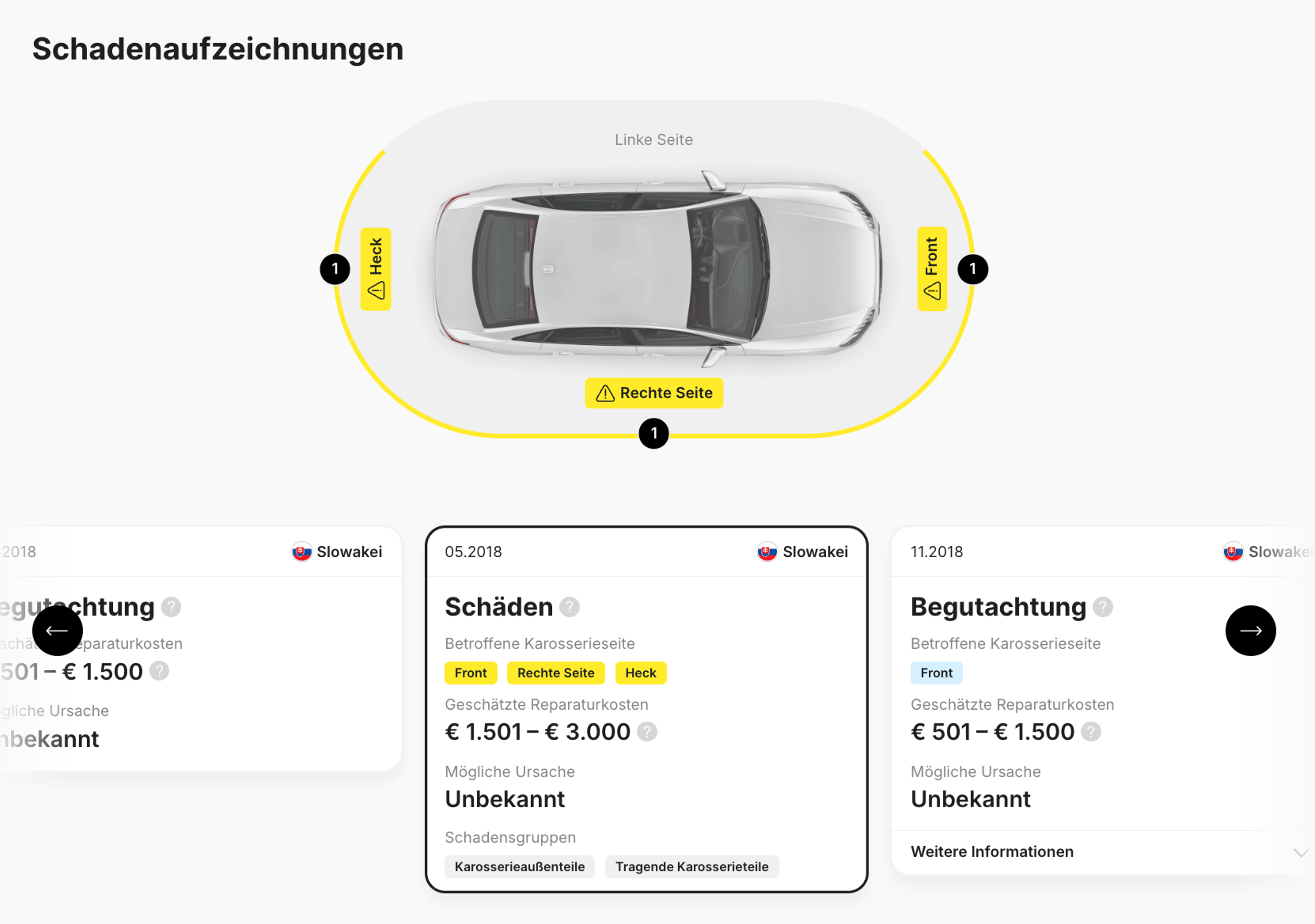 Schadensaufzeichnungen im carVertical-Bericht