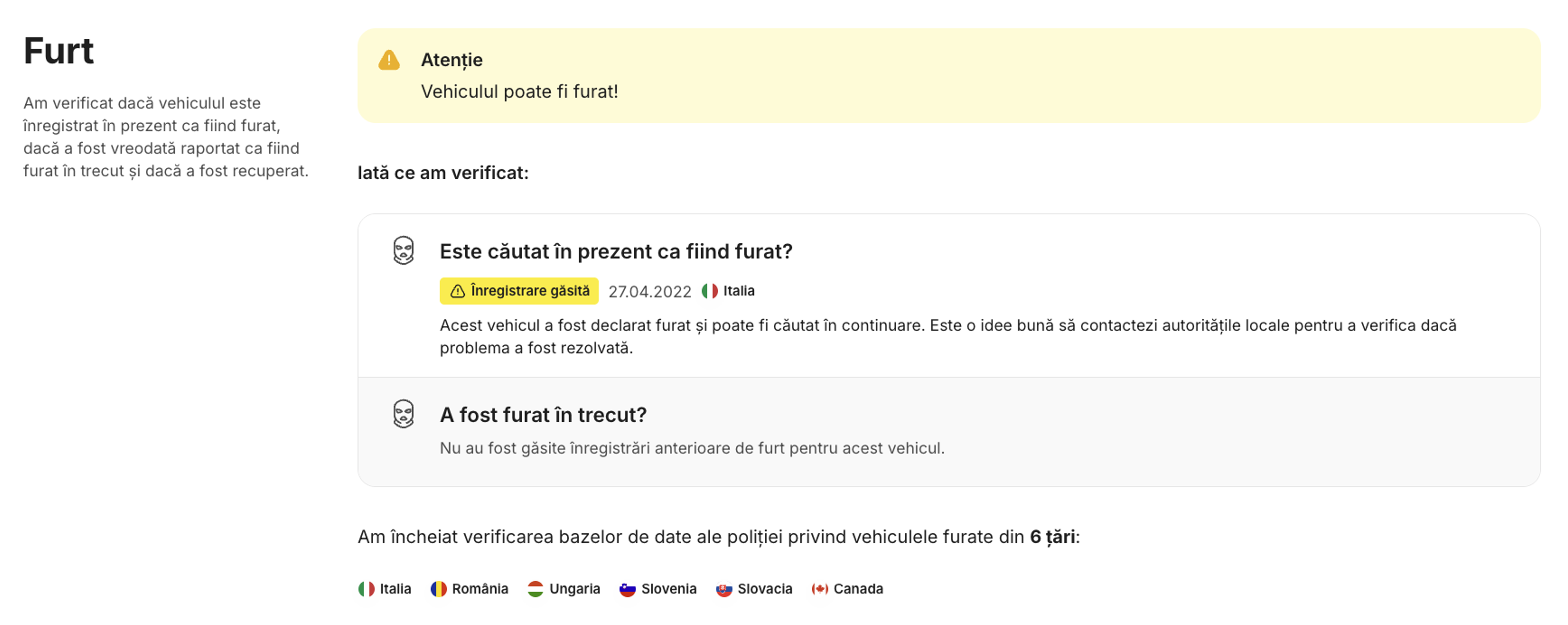 Secțiunea Furt din cadrul unui raport de istoric auto carVertical, cu o înregistrare găsită