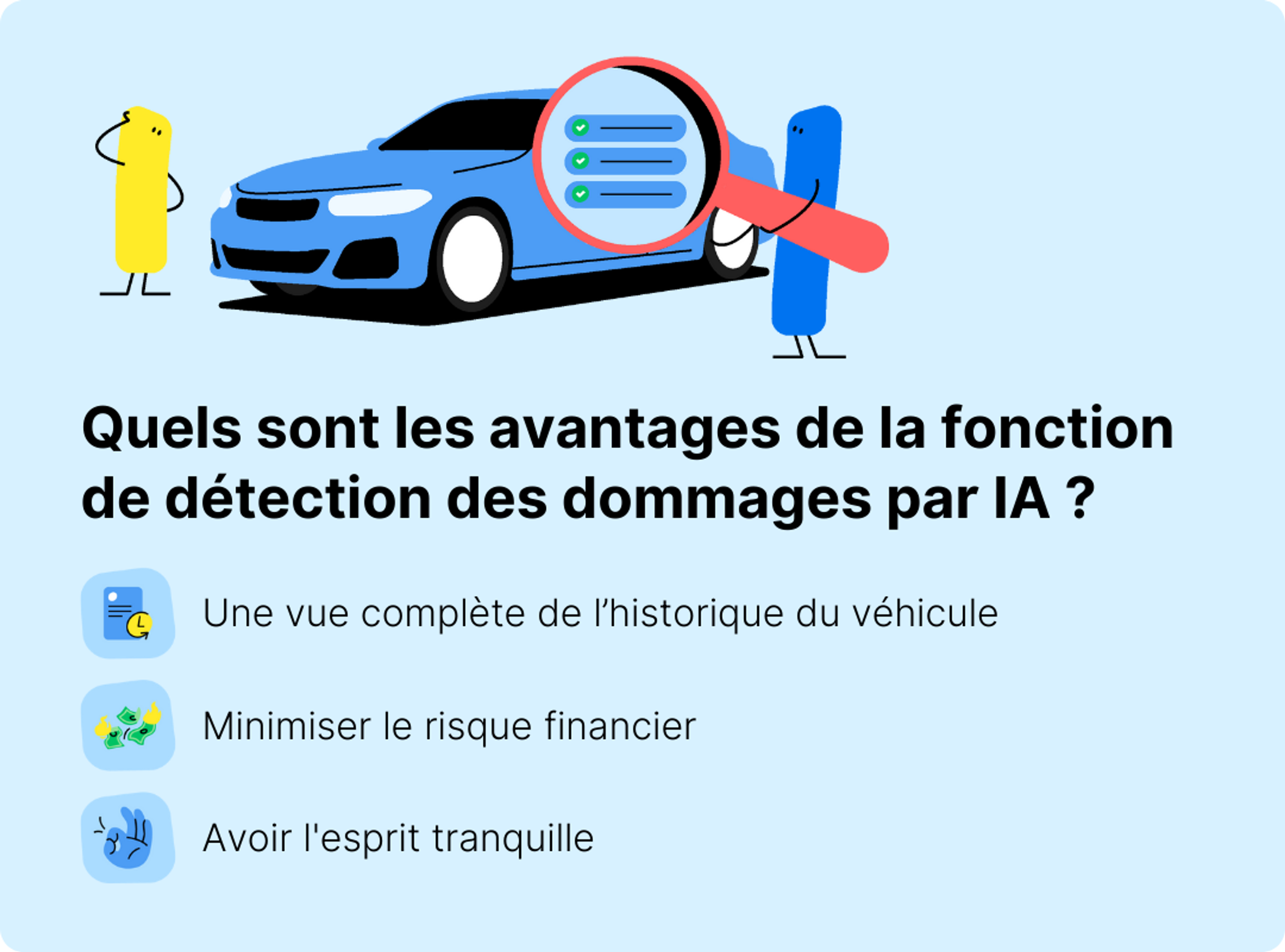 Illustration résumant les avantages de la détection des dommages par IA : vision plus complète, risque financier réduit et tranquillité d’esprit.