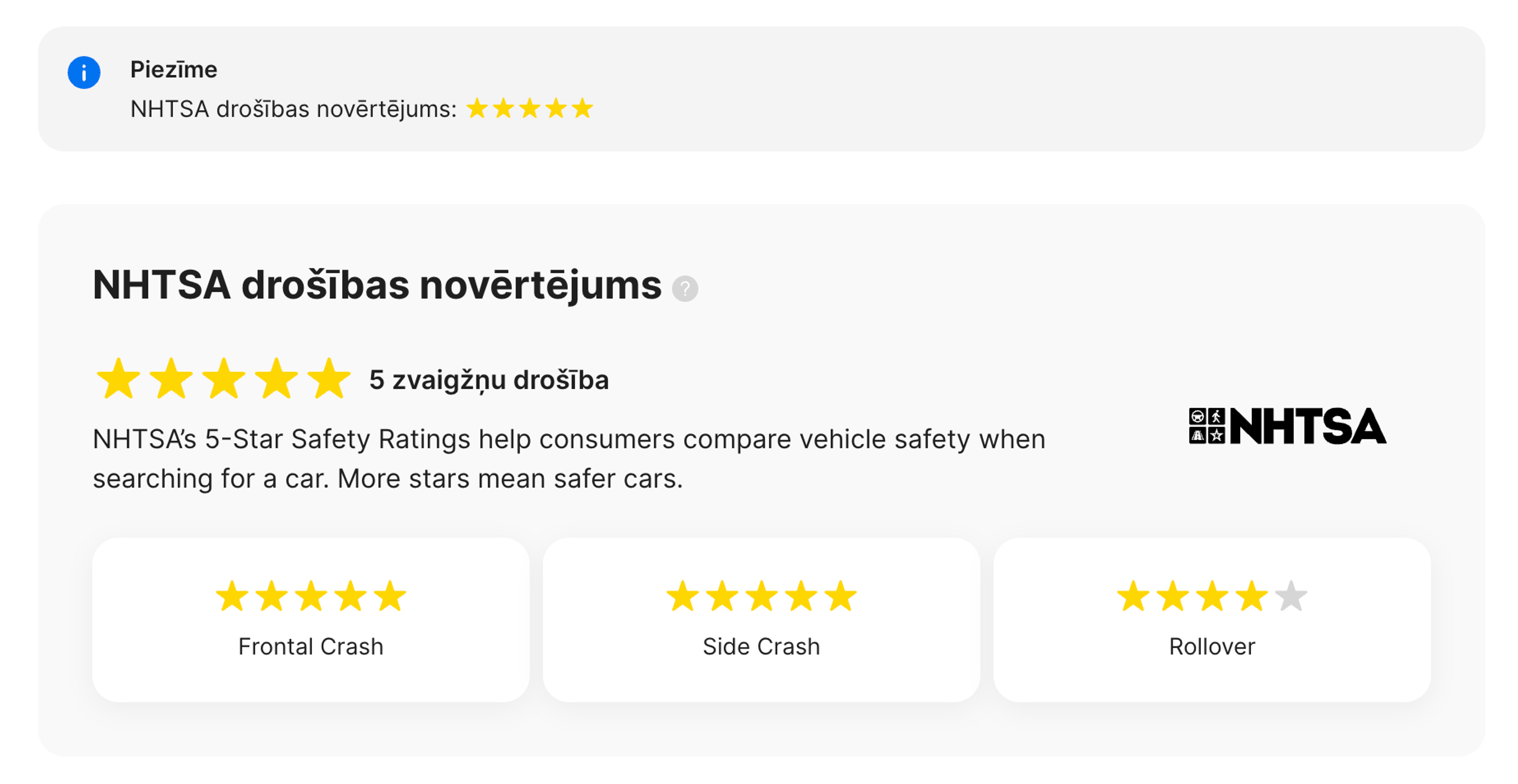 NHTSA sadaļa carVertical ziņojumā