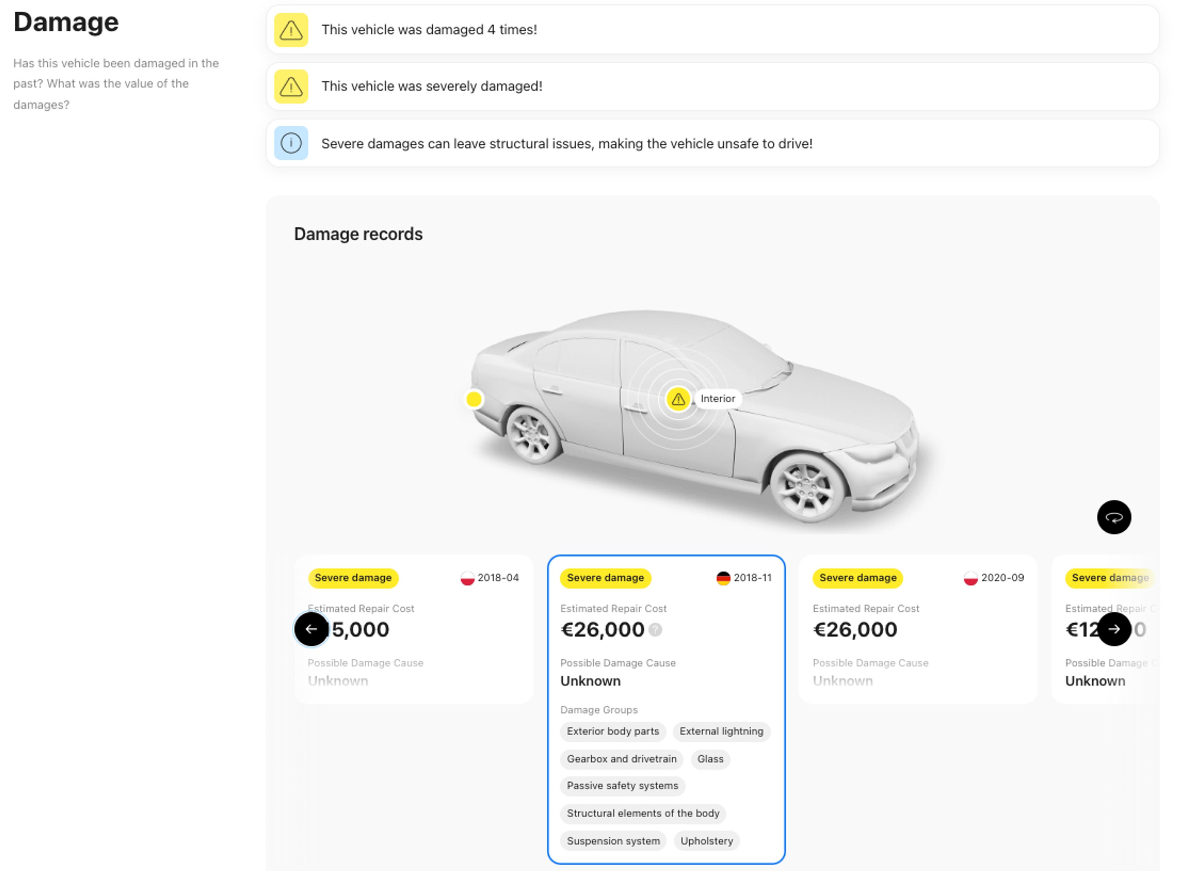 Damages section in carVertical vehicle history report