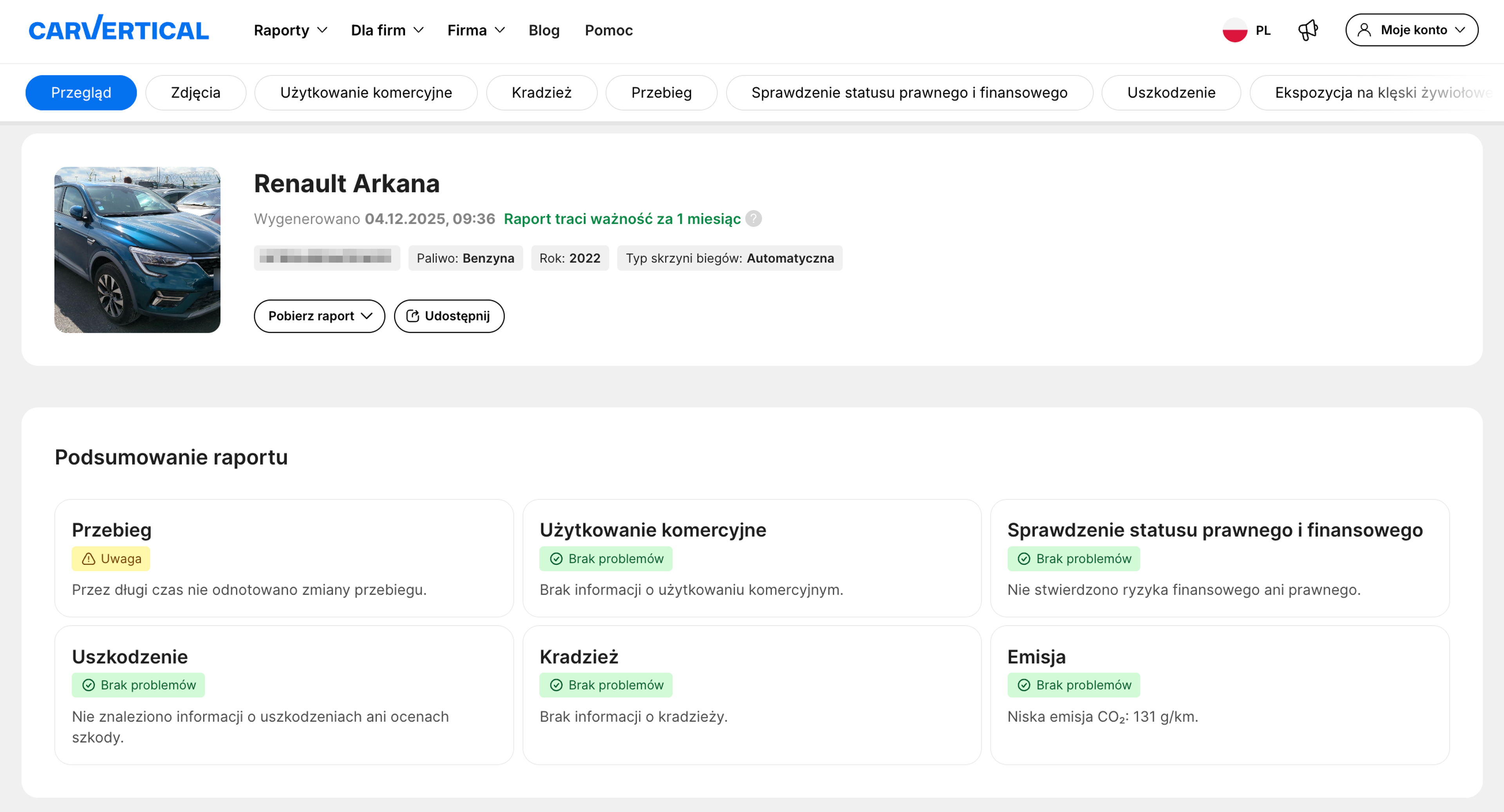 Przykładowy raport carVertical