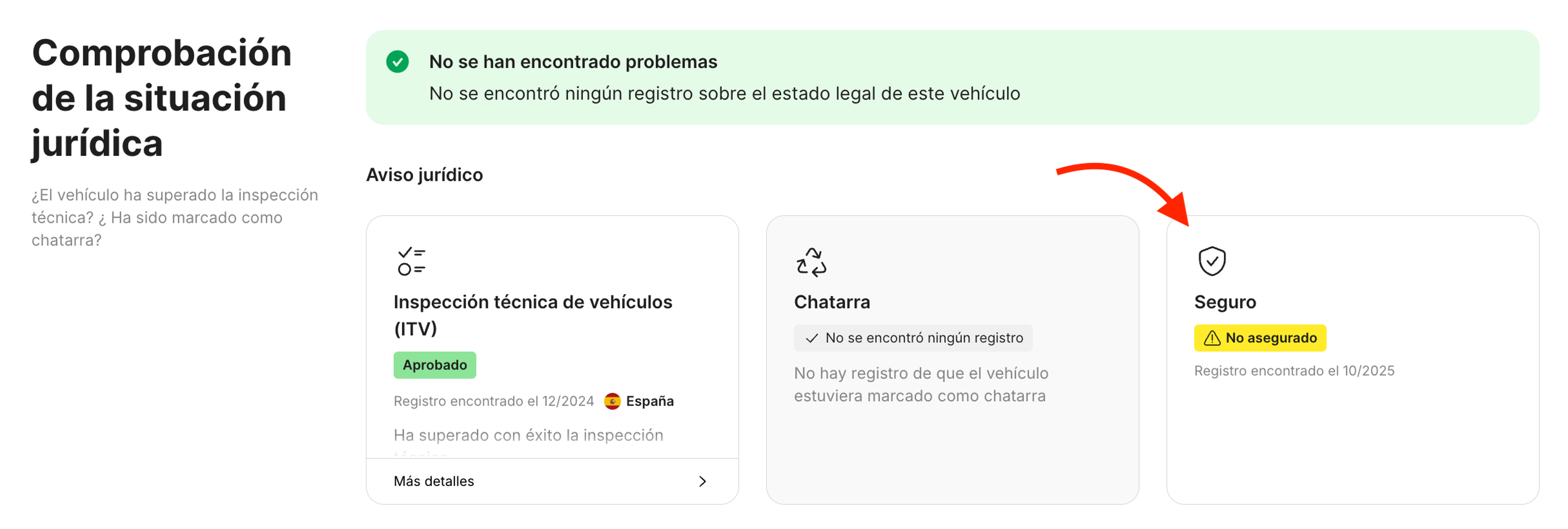 Seguro en la sección de Comprobación de la situación jurídica