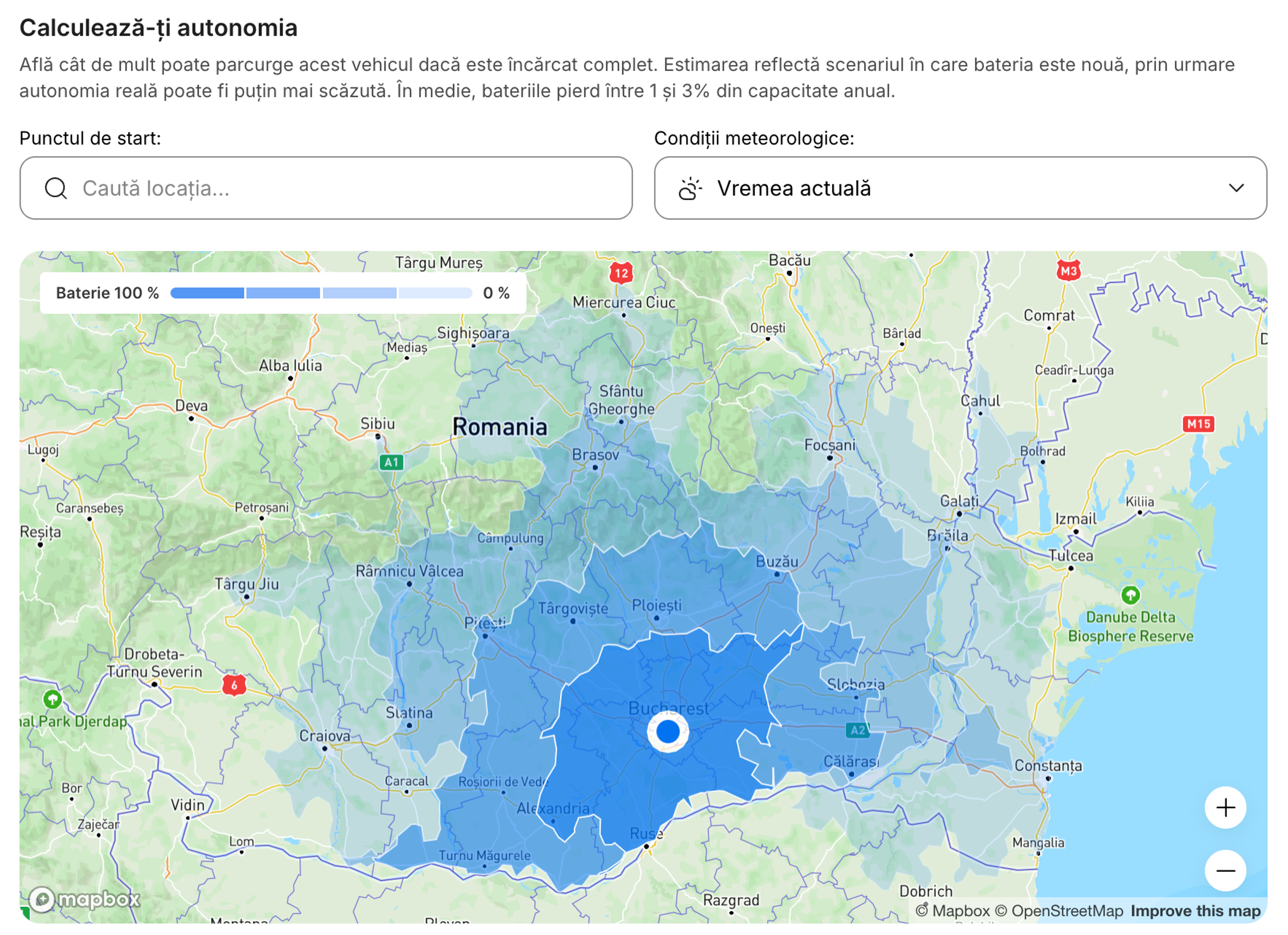 Harta interactivă a autonomiei VE care-ți arată distanța estimată pe care o poți parcurge.