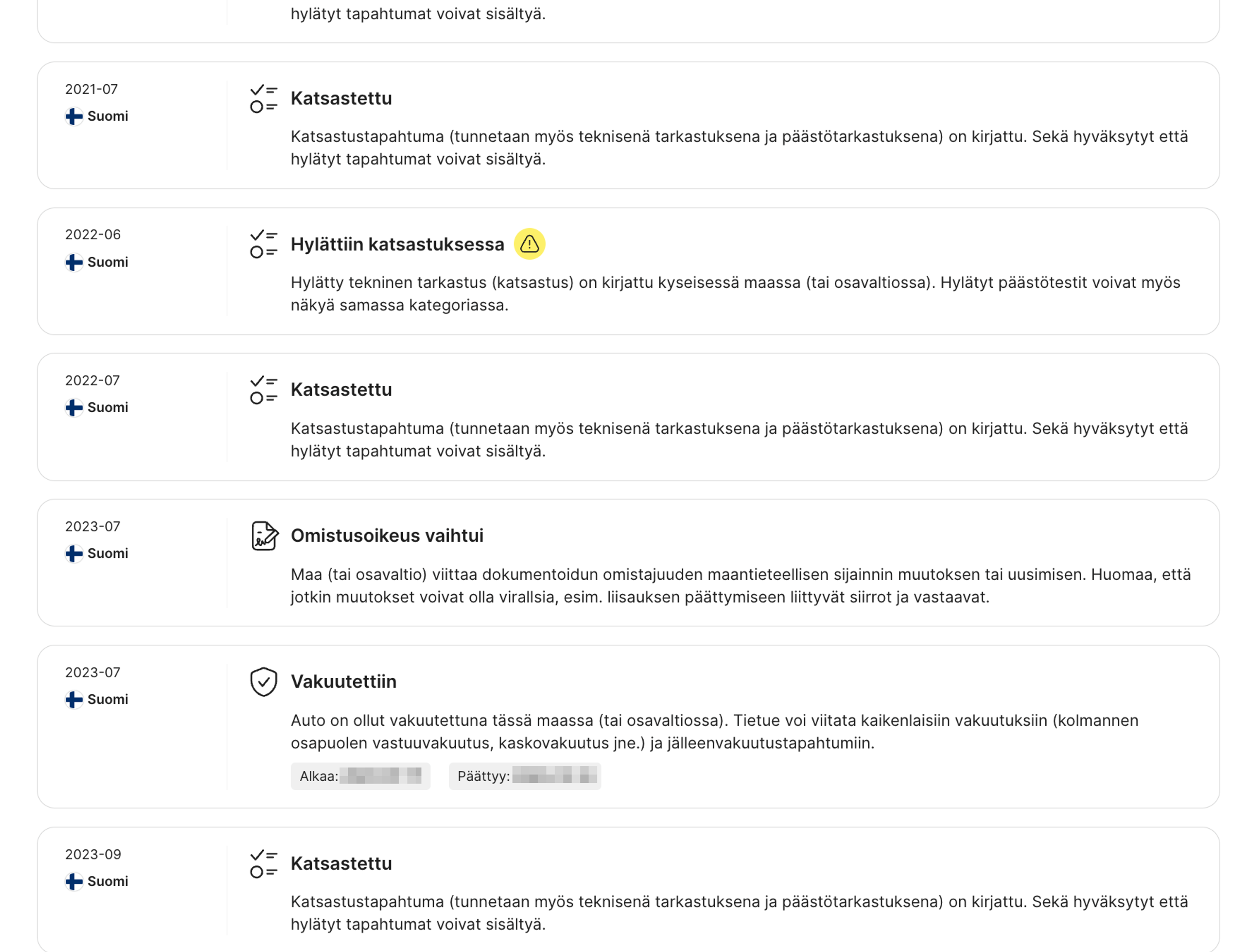 tietueet, jotka löytyvät carVertical-raportin aikajana-osiosta