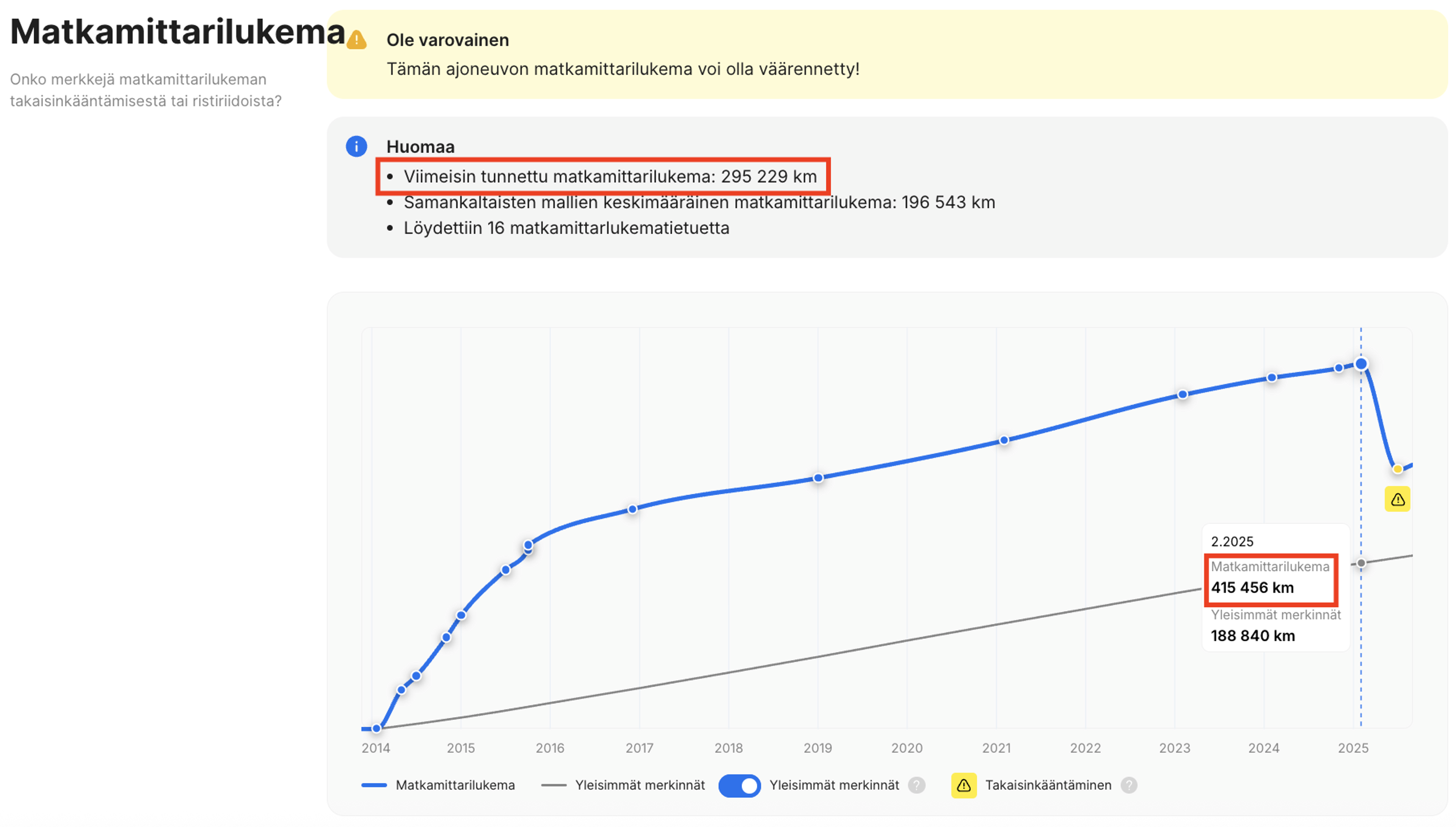 kilometrimäärän palautus historiaraportissa