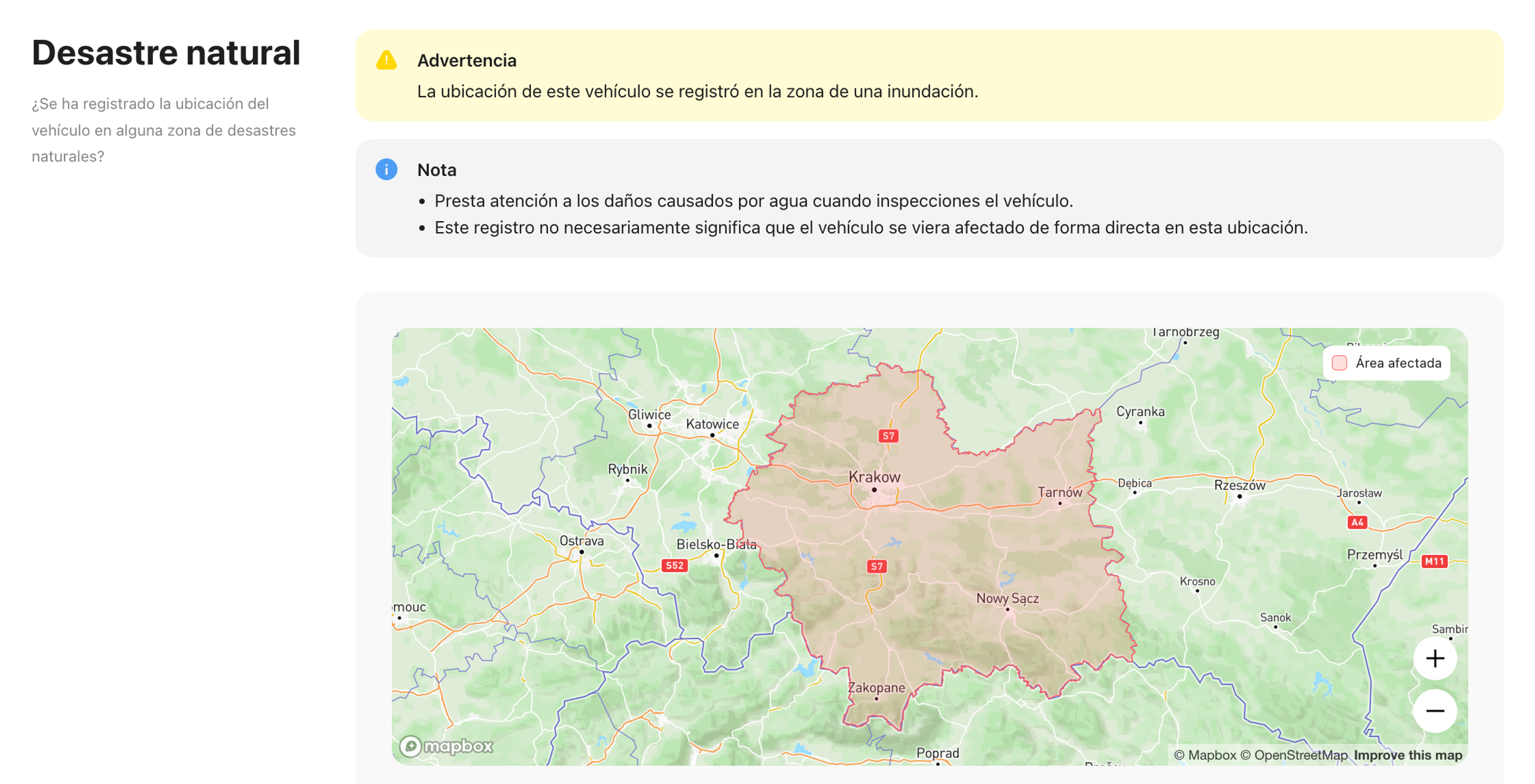 Registro de inundaciones encontrado en el informe del historial del vehículo vertical del automóvil